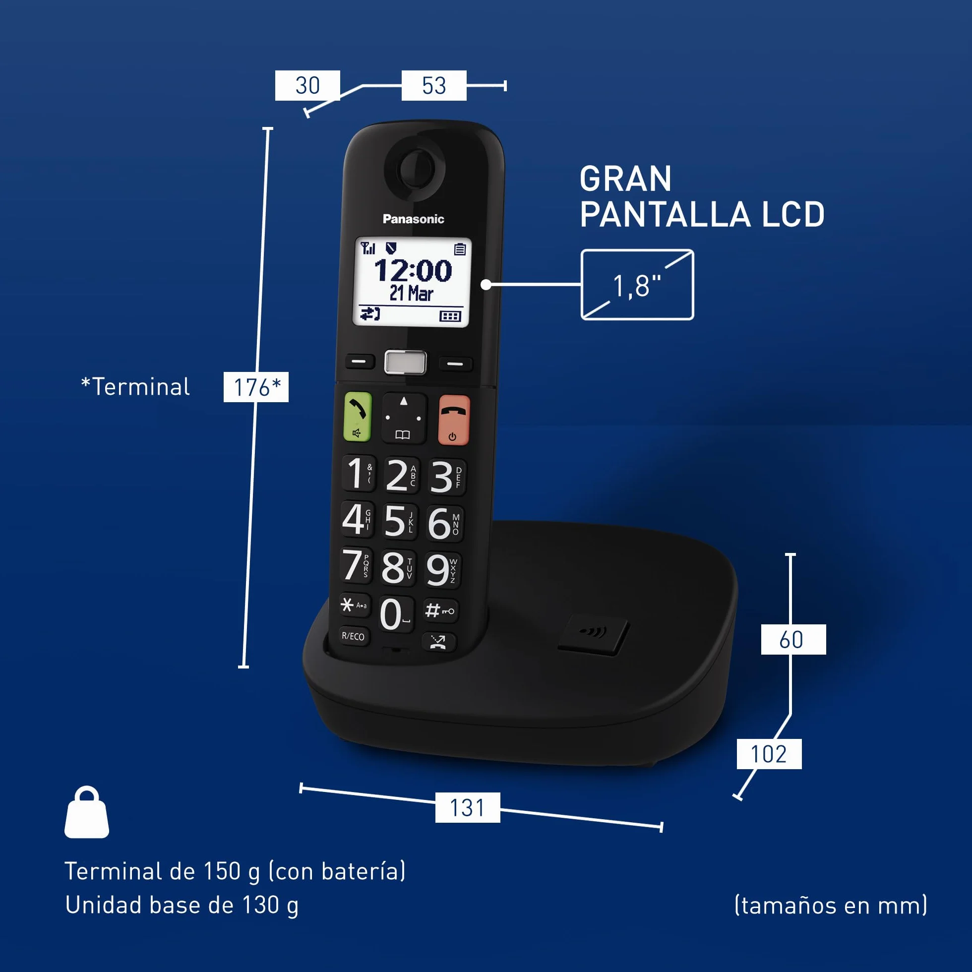 Panasonic KX-TGU110EXB Teléfono Inalámbrico Digital, Base y 1 Auricular, Pantalla LCD, Negro