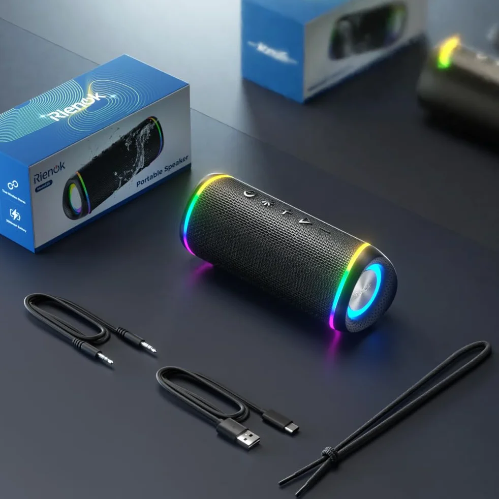 RIENOK S6 Altavoz Bluetooth Portátil 30W Bluetooth 5.3 Luces RGB Inalámbrica