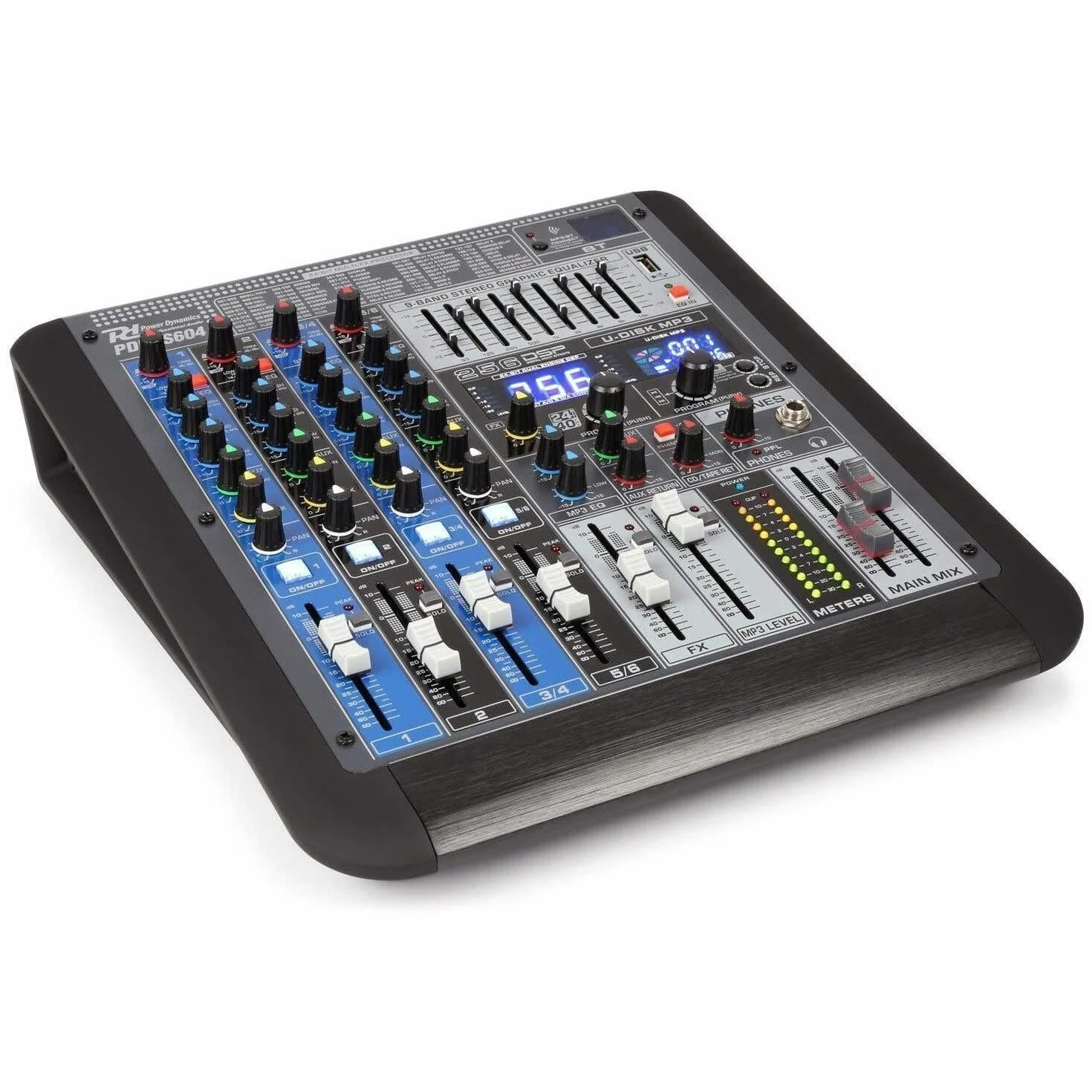 Power Dynamics PDM-S604 - Mezclador DJ profesional de 6 canales con efectos DSP, ecualizador gráfico de 9 bandas, Bluetooth, Reproductor USB/MP3, entrada de micrófono, ideal para música en directo