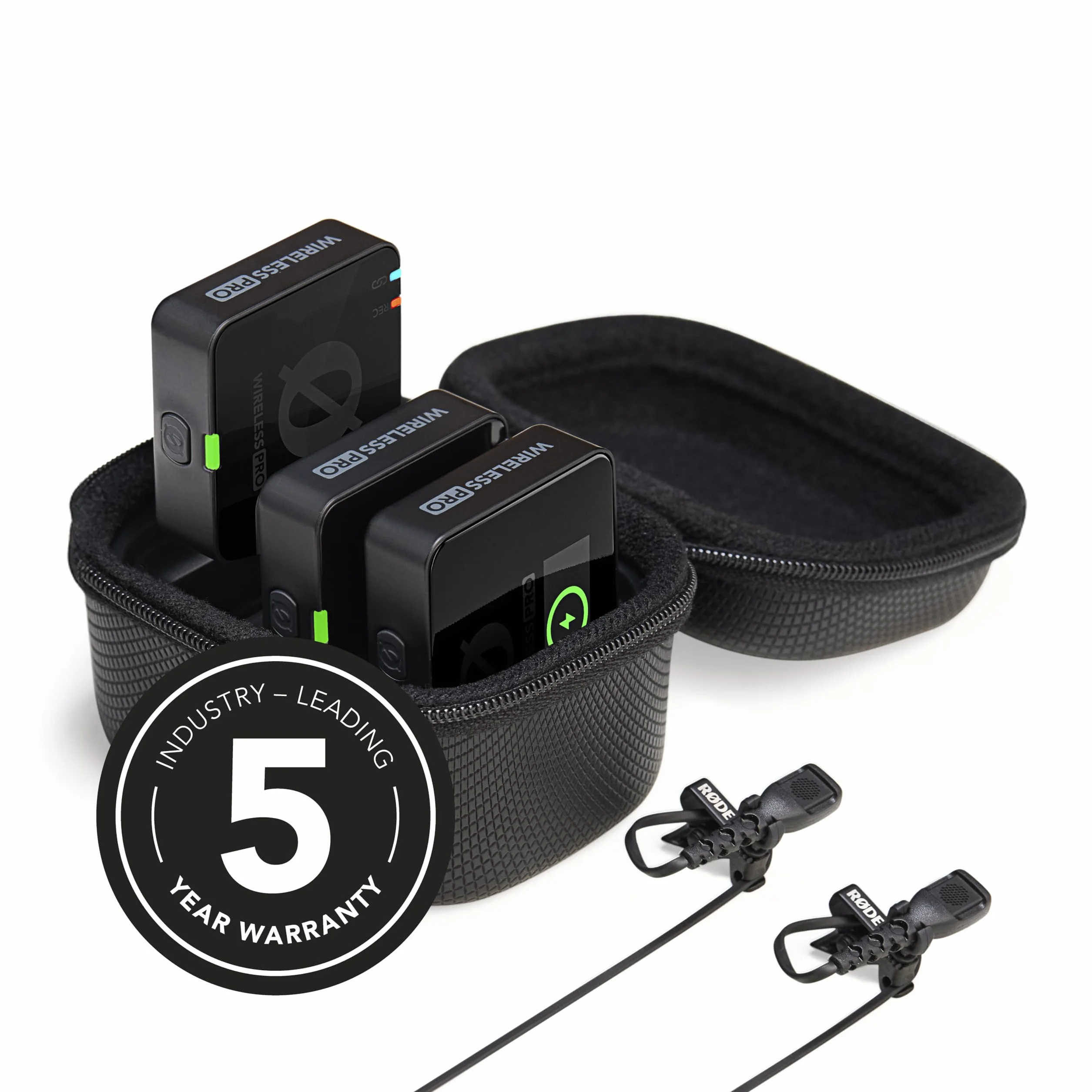 RØDE Wireless PRO Sistema de micrófono inalámbrico compacto con timecode, grabación interna 32 bits flotante, 2 micrófonos lavalier y estuche de carga inteligente para vídeo y contenido