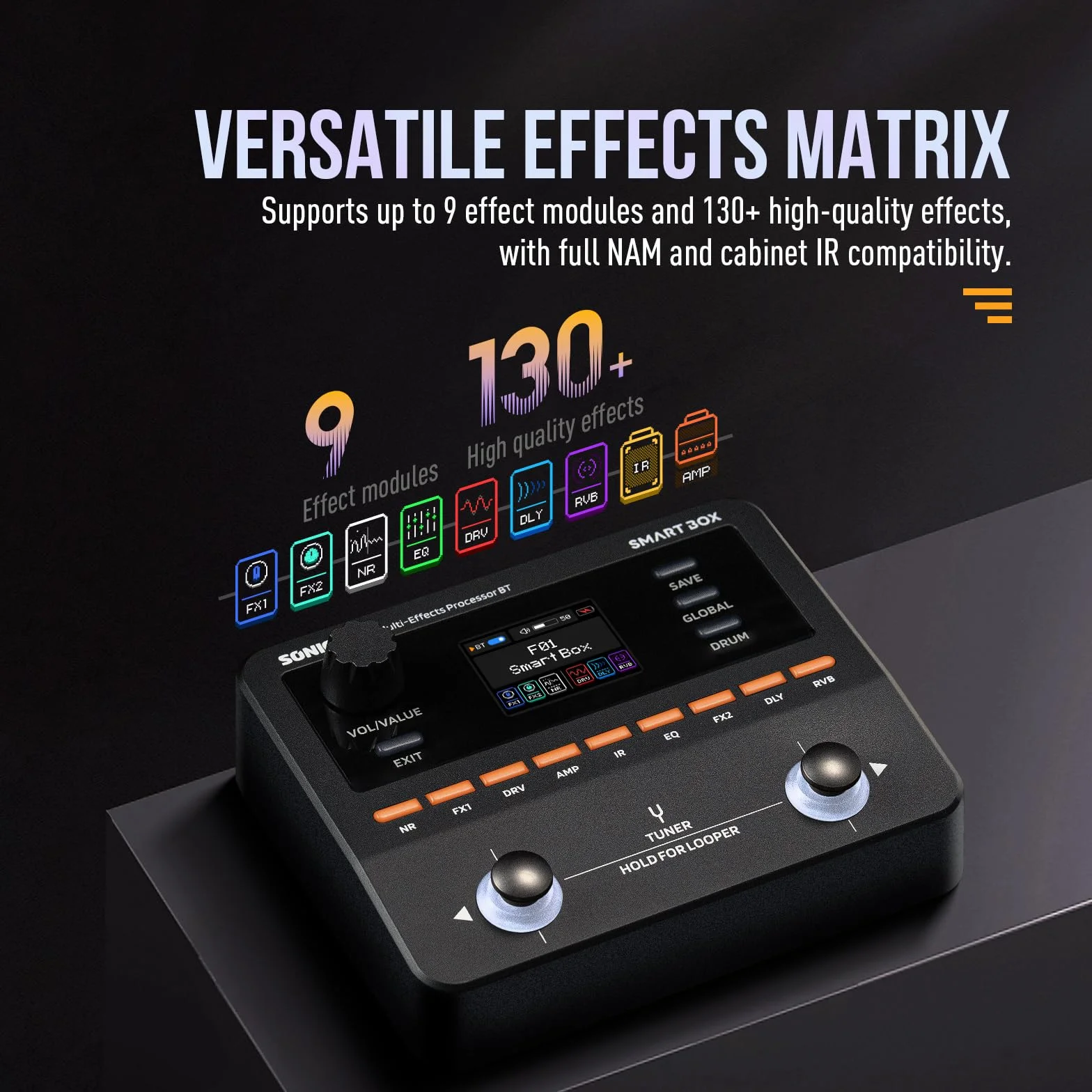 SONICAKE Procesador de Múltiples Efectos para Guitarra/Bajo, 130+ Efectos, Soporte NAM/IR, Looper, Afinador/Metrónomo Integrado, Salida Estéreo Smart Box QME-20