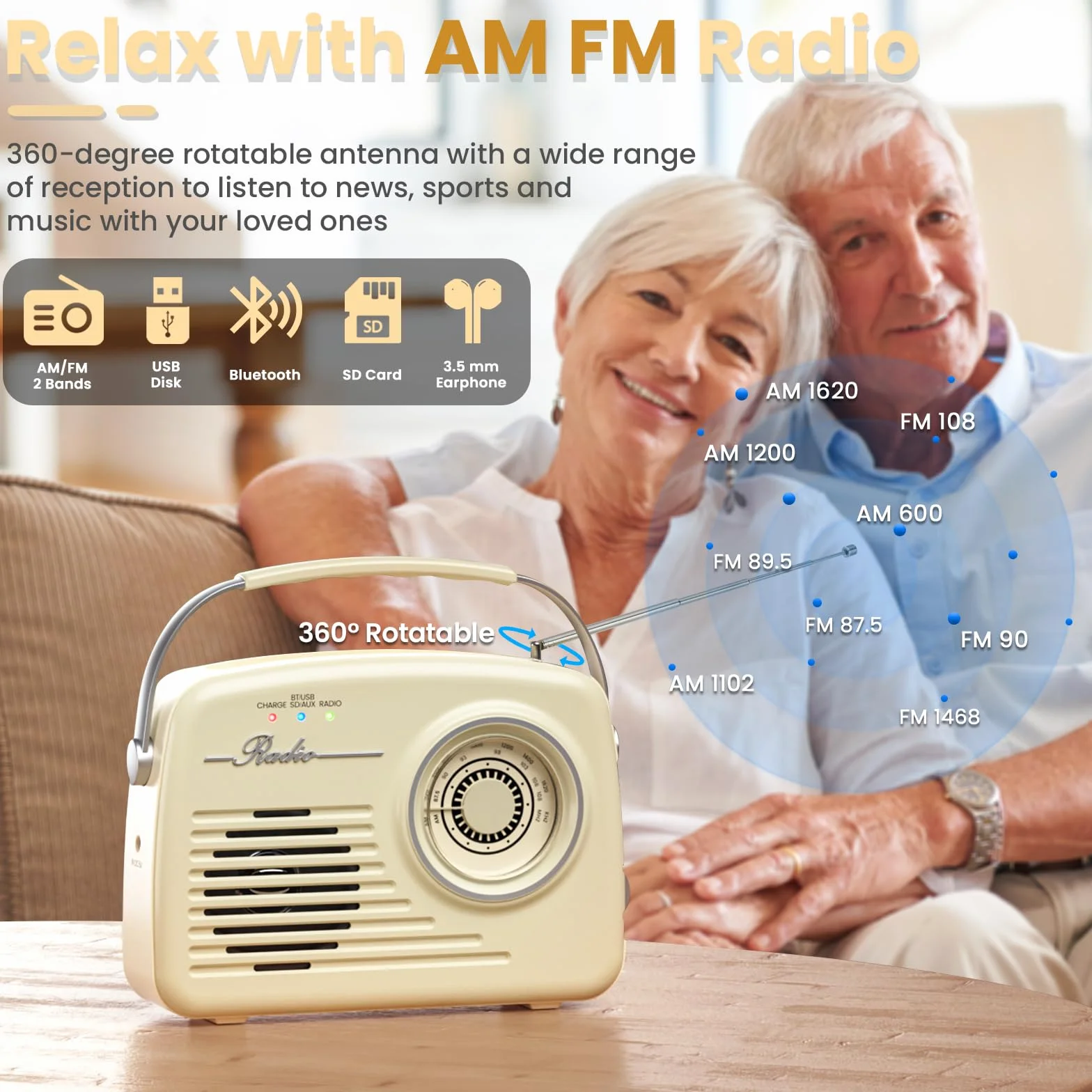 Radio Retro Am FM, Pequeñas Radios Portátiles con Bluetooth, Funcionan con Pilas C*4 O Enchufadas a La Pared, Soportan Tarjeta SD/USB/Entrada AUX/Salida de Auriculares para Casa/Exterior（Beige）