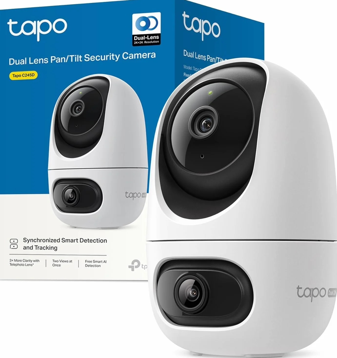 Tapo C245D Cámara de vigilancia WiFi Interior Doble Lente 2K Seguimiento automático 360° Detección IA Personas Mascotas Vehículos Visión Nocturna Audio bidireccional Almacenamiento Local