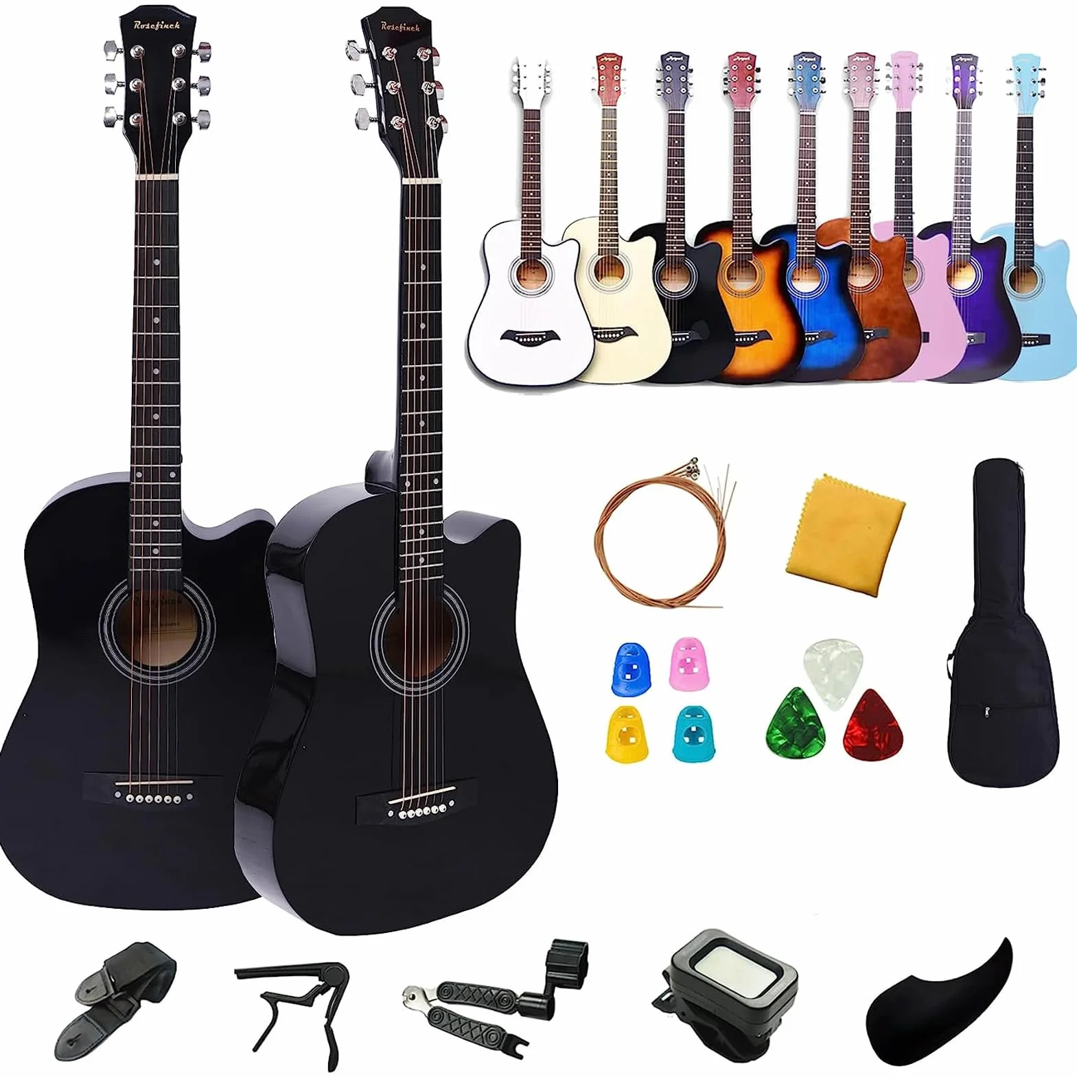Rosefinch Cuerdas de acero para guitarra acústica 3/4 de 38 pulgadas Folk Cutaway Guitarra de madera para Biginner adultos y niños principiantes kits de guitarra con bolsa de afinador, púa, cuerdas de