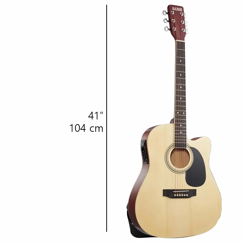BAKAJI Guitarra electroacústica de 41 pulgadas con funda, kit de repuesto de cuerdas, púas, cable para amplificador y correa, guitarra folk con forma de cutaway para adultos y principiantes (natural)