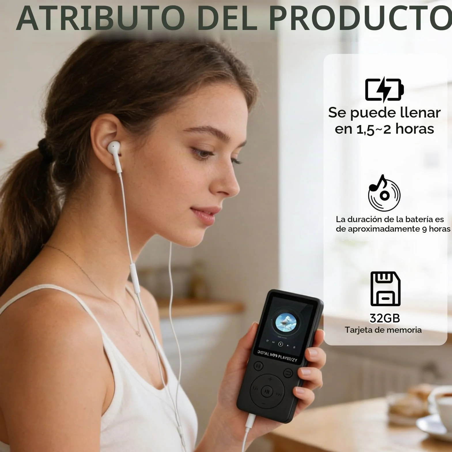 Reproductor MP3 Bluetooth 5.0 32GB con Altavoz, Pantalla 1.8", Radio FM, Auriculares Incluidos Negro