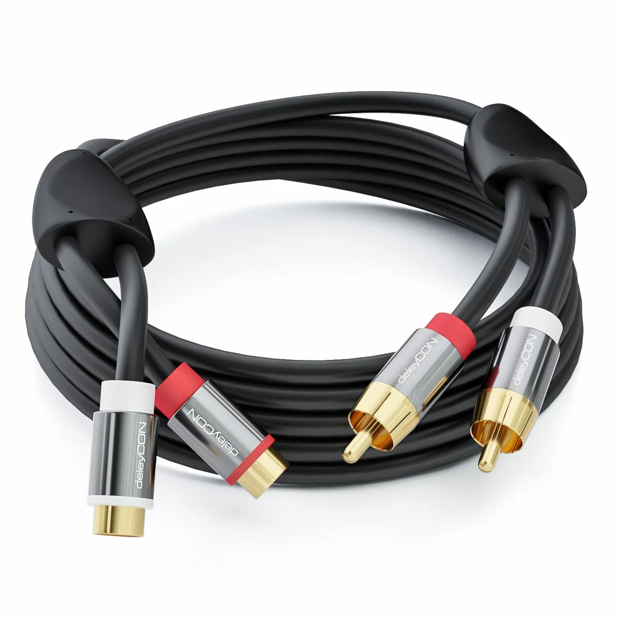 deleyCON 15m Cable Extensión Audio Estéreo Cinch RCA 2x Conector a 2x Hembra Metálicos Dorados Negro