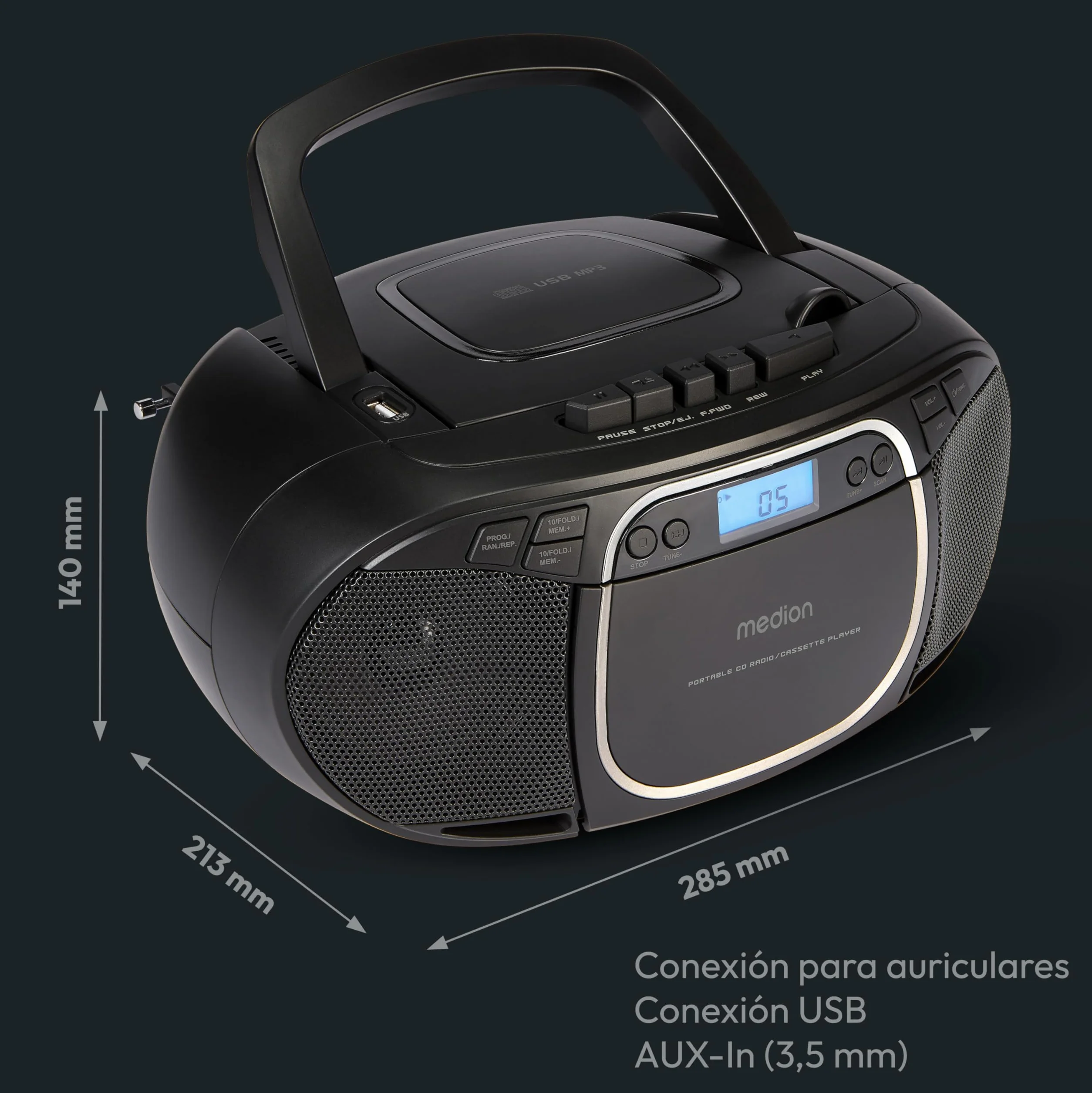 MEDION E66476 Sistema de Sonido estéreo Boombox, Reproductor de CD MP3 Casete, Radio FM, AUX, Negro