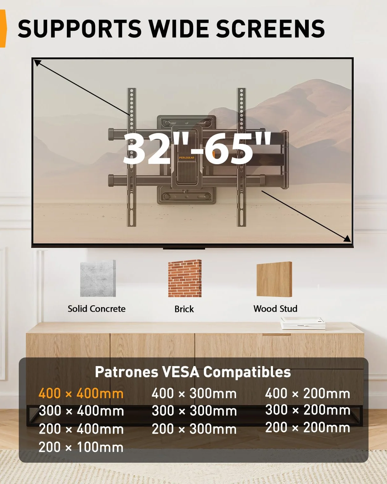 Perlegear Soporte TV Pared Brazo Largo 700 mm 32"-65" Inclinación Doble Gestión Cables 60 kg VESA 400x400 mm PGMF24B