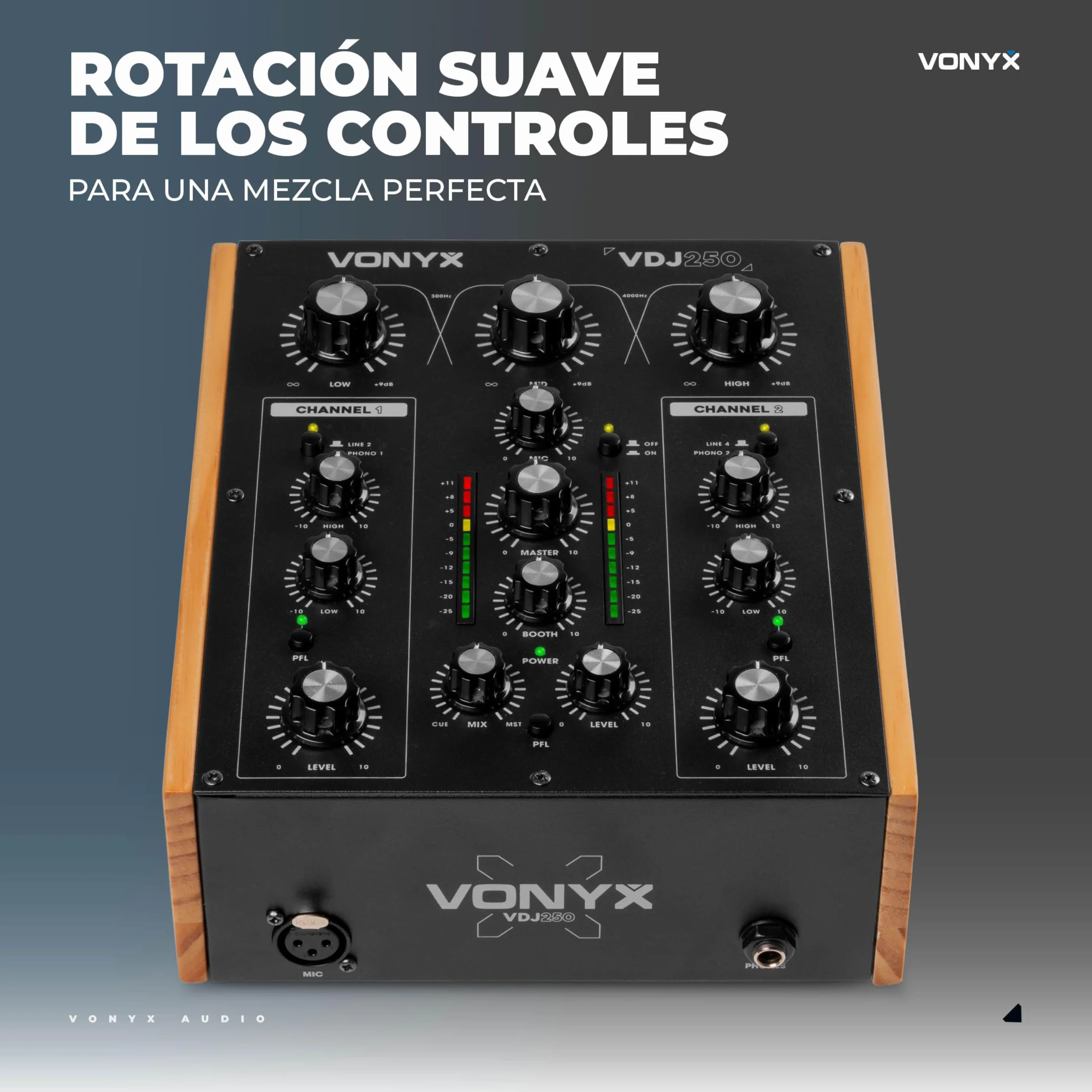 Vonyx VDJ250 – Mezclador DJ analógico 2 Canales con EQ entradas RCA Salida XLR Booth Rec para Tocadiscos y Reproductores diseño Retro Compacto Mixer DJ analogico DJ Booth Mixer vdj250