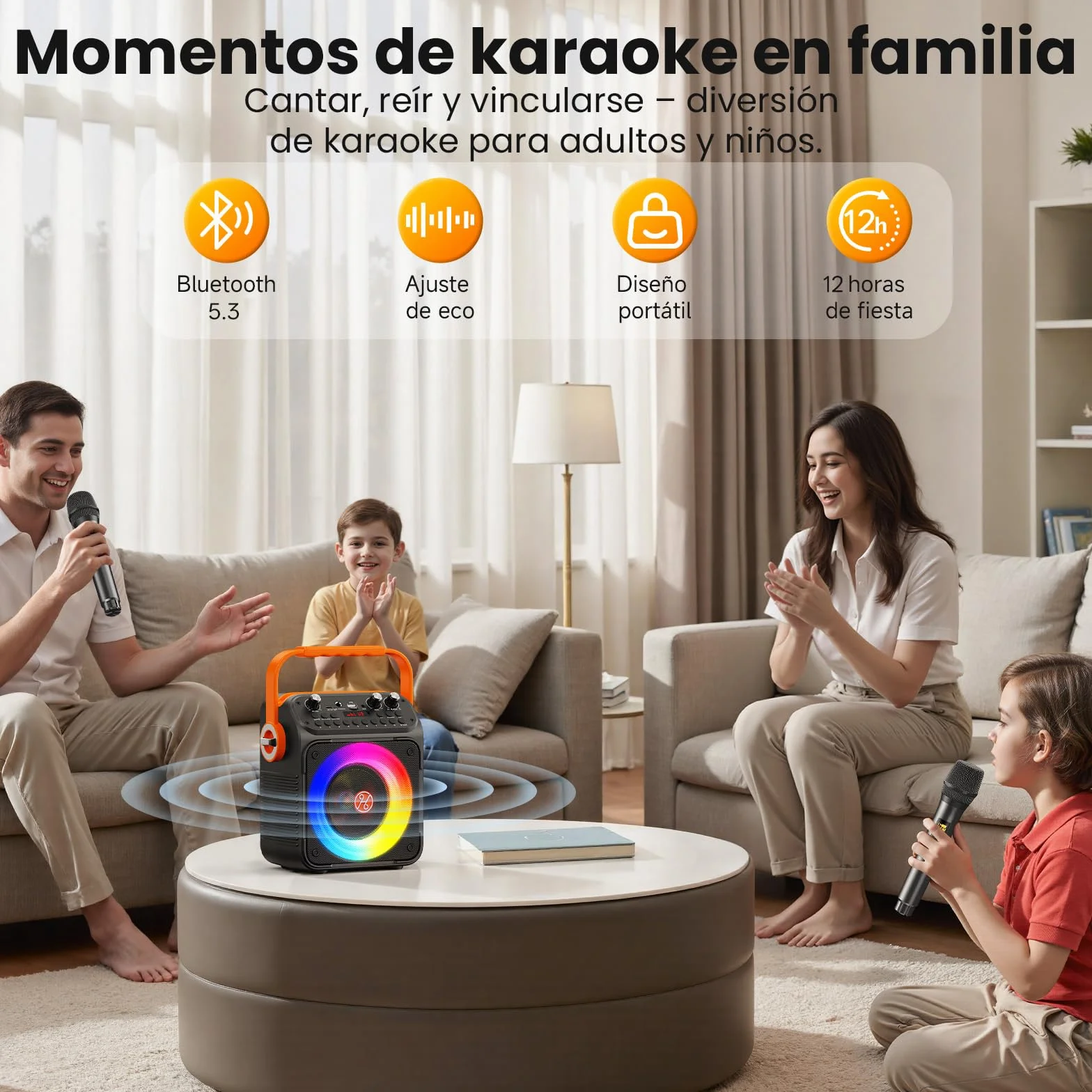 HWWR Karaoke 2 Microfonos Inalambricos, Karaoke Profesional para Adultos Y Niños Altavoz Bluetooth con Preamplificador De Micrófono, Portátil Bluetooth Fiesta Altavoz Karaoke-Regalo