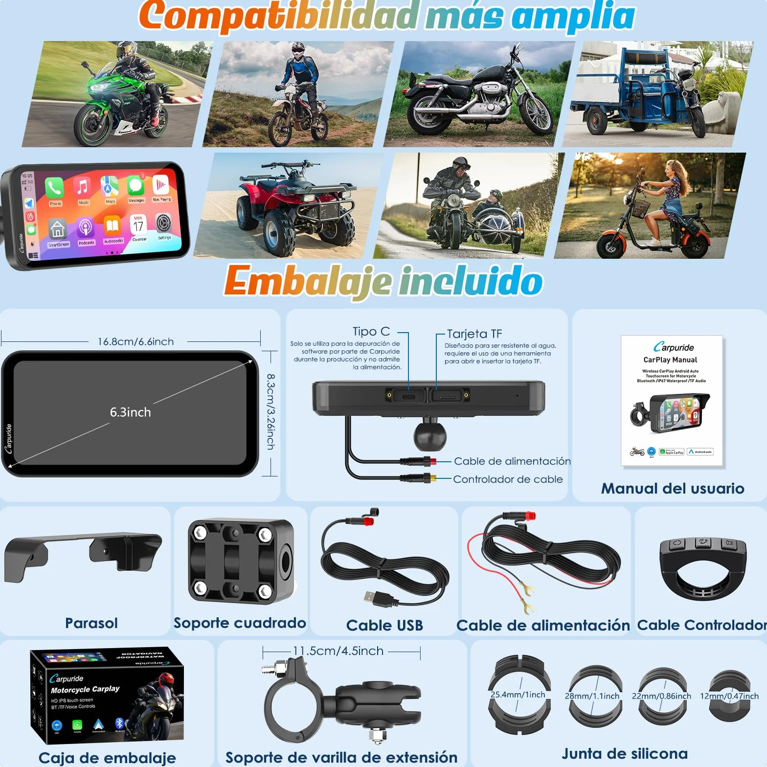 Carpuride W603 Pantalla Carplay Motocicleta 6,3" Inalámbrico Android Auto Impermeable GPS