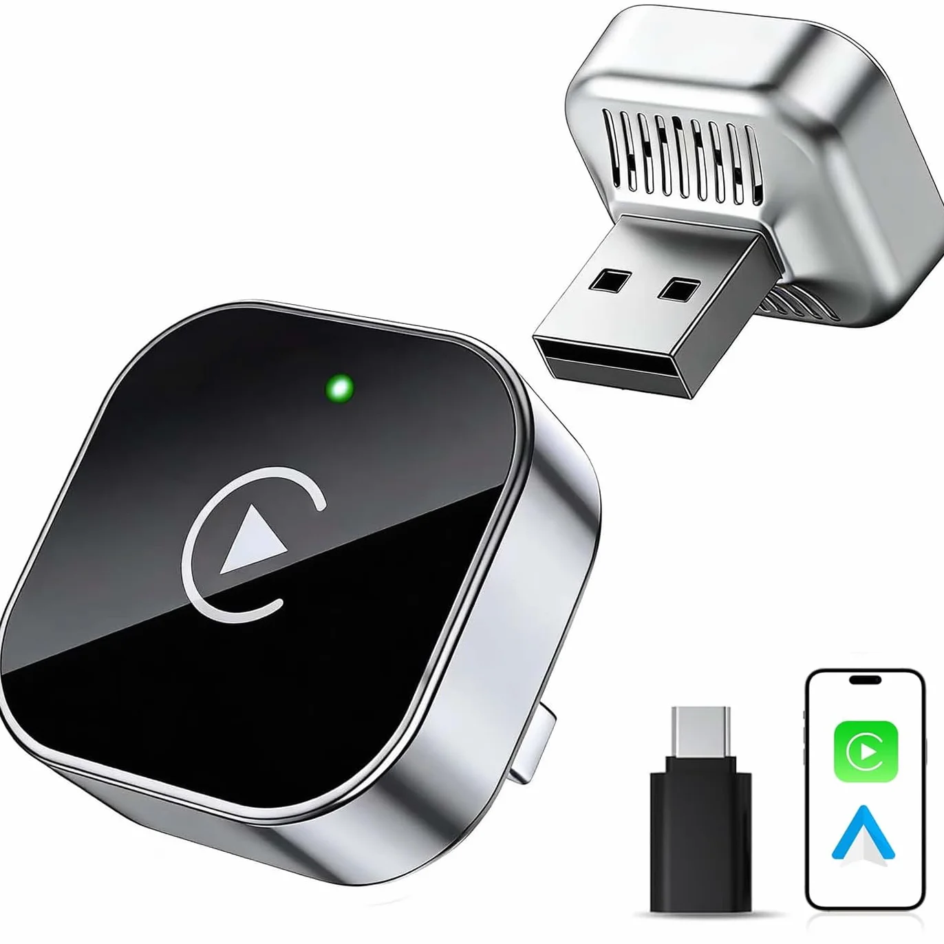 Adaptador CarPlay inalámbrico con cable CarPlay (USB a C) Mini CarPlay adaptador de metal para iPhone con iOS 10+ y Android 11+, sin demora (negro)
