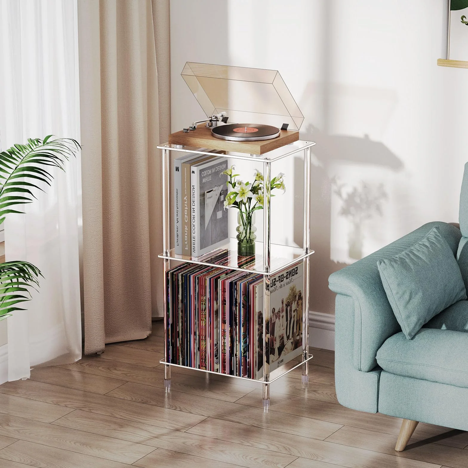 Soporte acrílico para tocadiscos, mesa giratoria transparente de 3 niveles con almacenamiento de discos de vinilo, 15.75 pulgadas de largo x 11.8 pulgadas de ancho x 30.7 pulgadas de alto, mesa