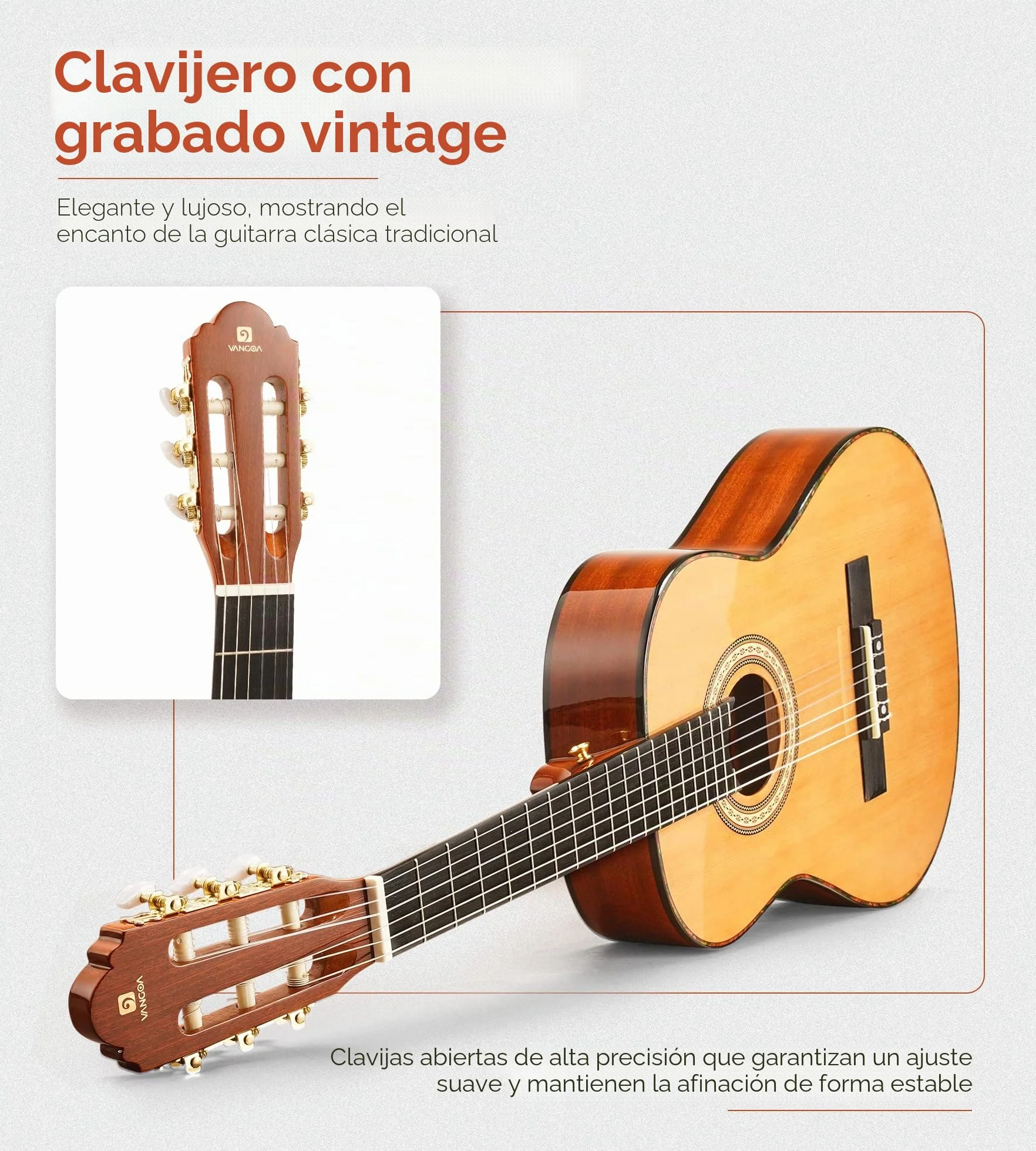 Vangoa Guitarra Clásica Española 4/4 Starter Set, Acústica De Sapeli Y Pino Rojo, Cuerdas De Nylon, Con Estuche, Pedal Y Afinador