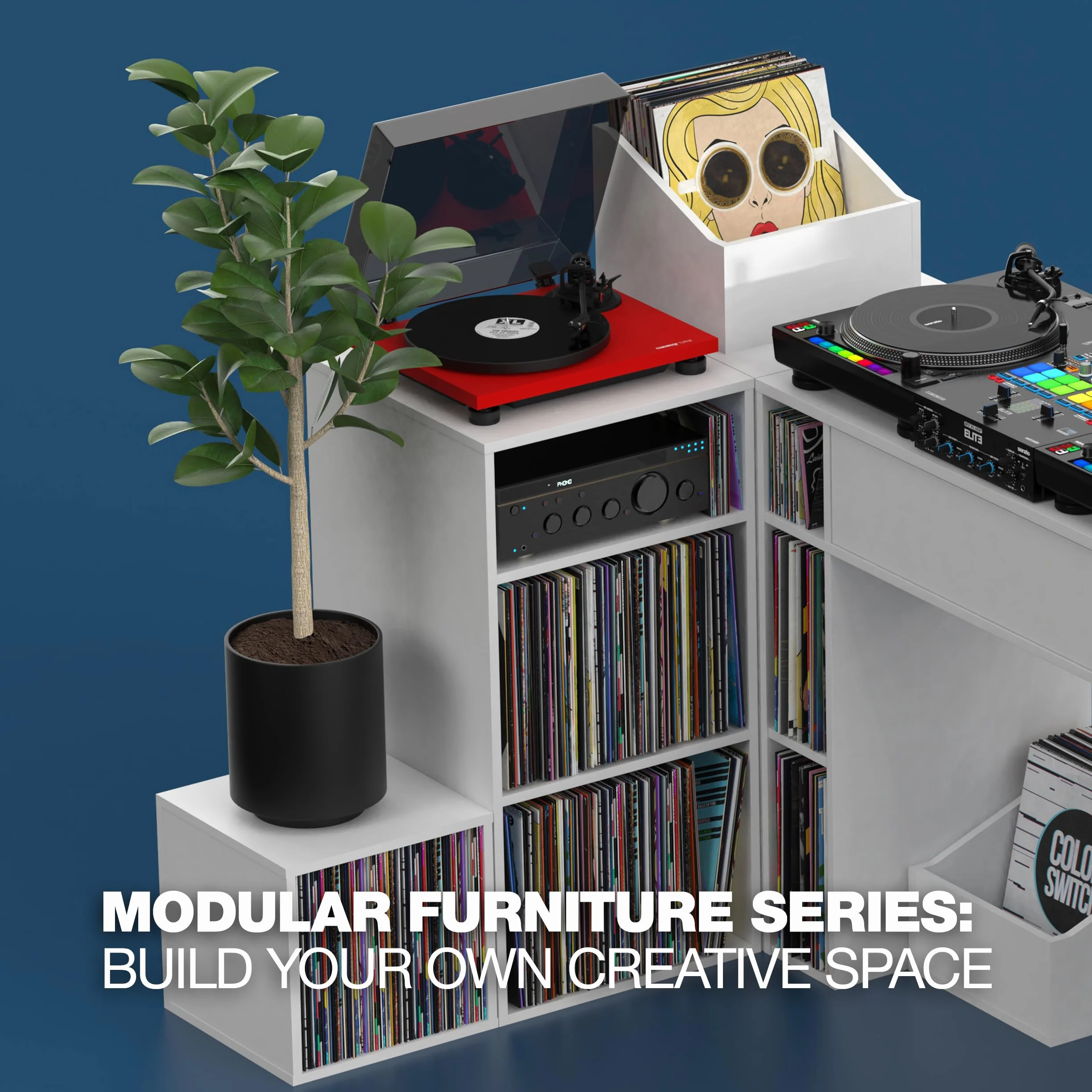 Glorious Modular Mix Rack Blanco - Dos Grandes Compartimentos para Discos de 12'' y un Compartimento para Discos de 7'', El área de Almacenamiento Ofrece Espacio Suficiente para un Tocadiscos