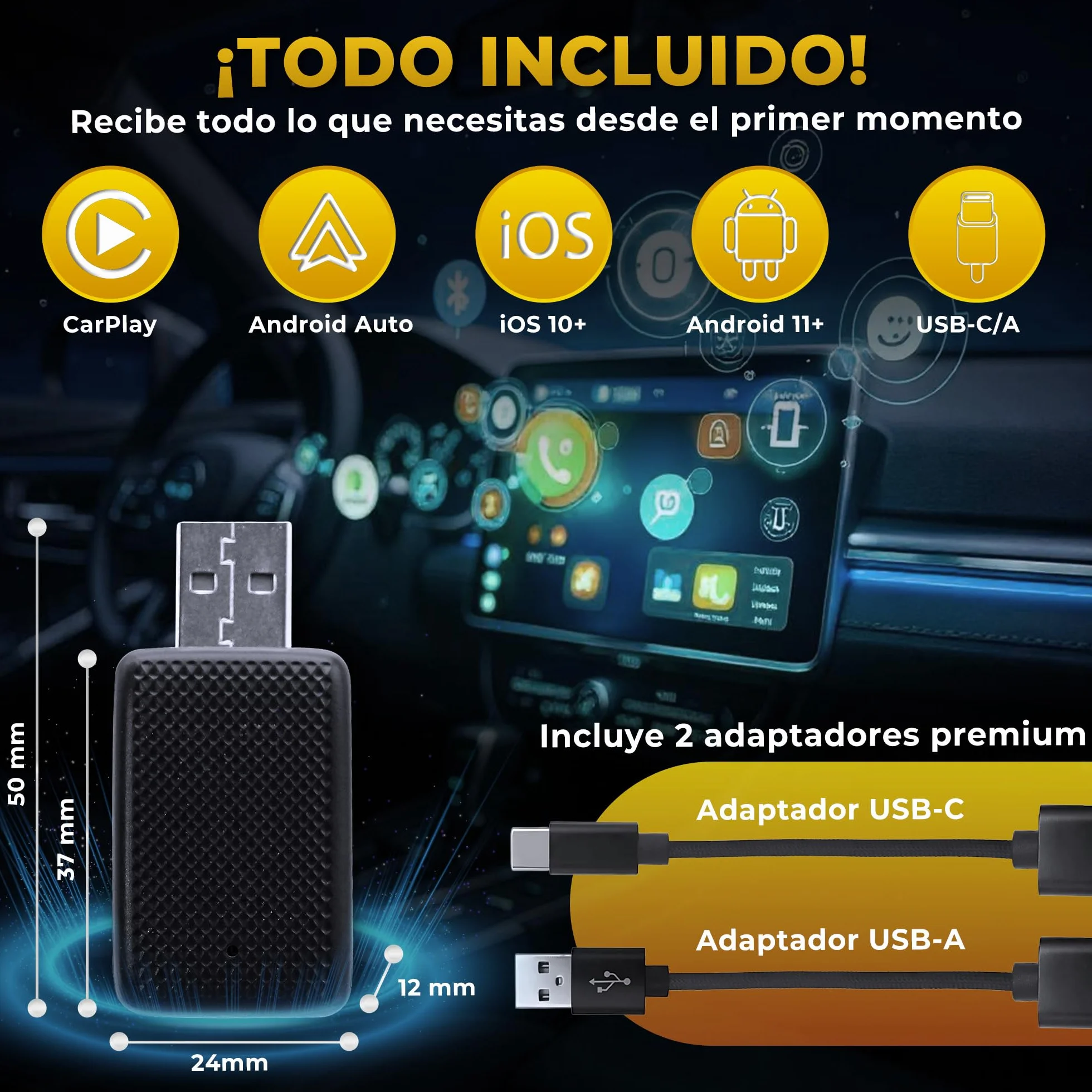 Adaptador USB CarPlay Inalámbrico 2 en 1, Receptor Auto iPhone, Android Auto, Compatible iOS 10+ Android 11+