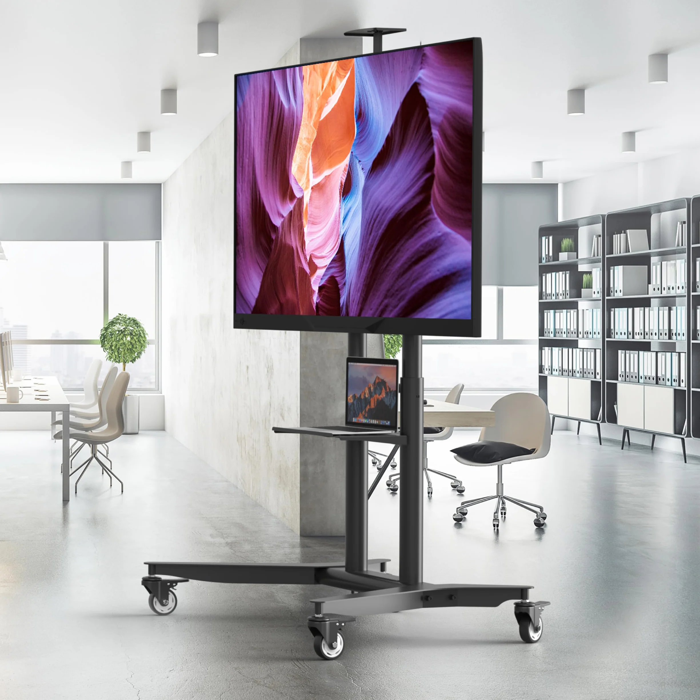 ONKRON Soporte TV Ruedas 55-90 Pulgadas, VESA 200x200-800x600 mm, Carga 90 kg, Regulable Altura, Acero, Negro