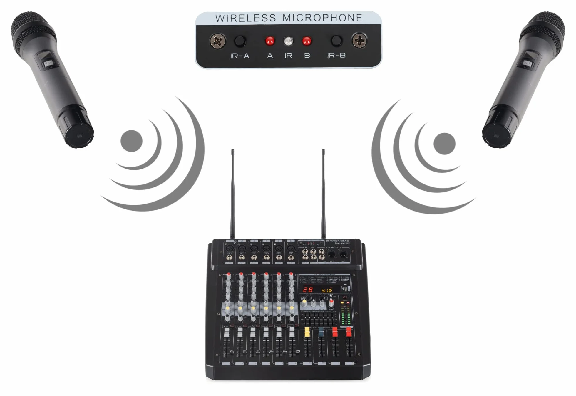 Pronomic Powermake 600 Mezclador 6 Canales con 2 Micrófonos UHF, 760W RMS, Procesador Multi-Efectos 24Bit, Reproductor/Grabador Bluetooth®/USB, Ecualizador Gráfico, Negro.