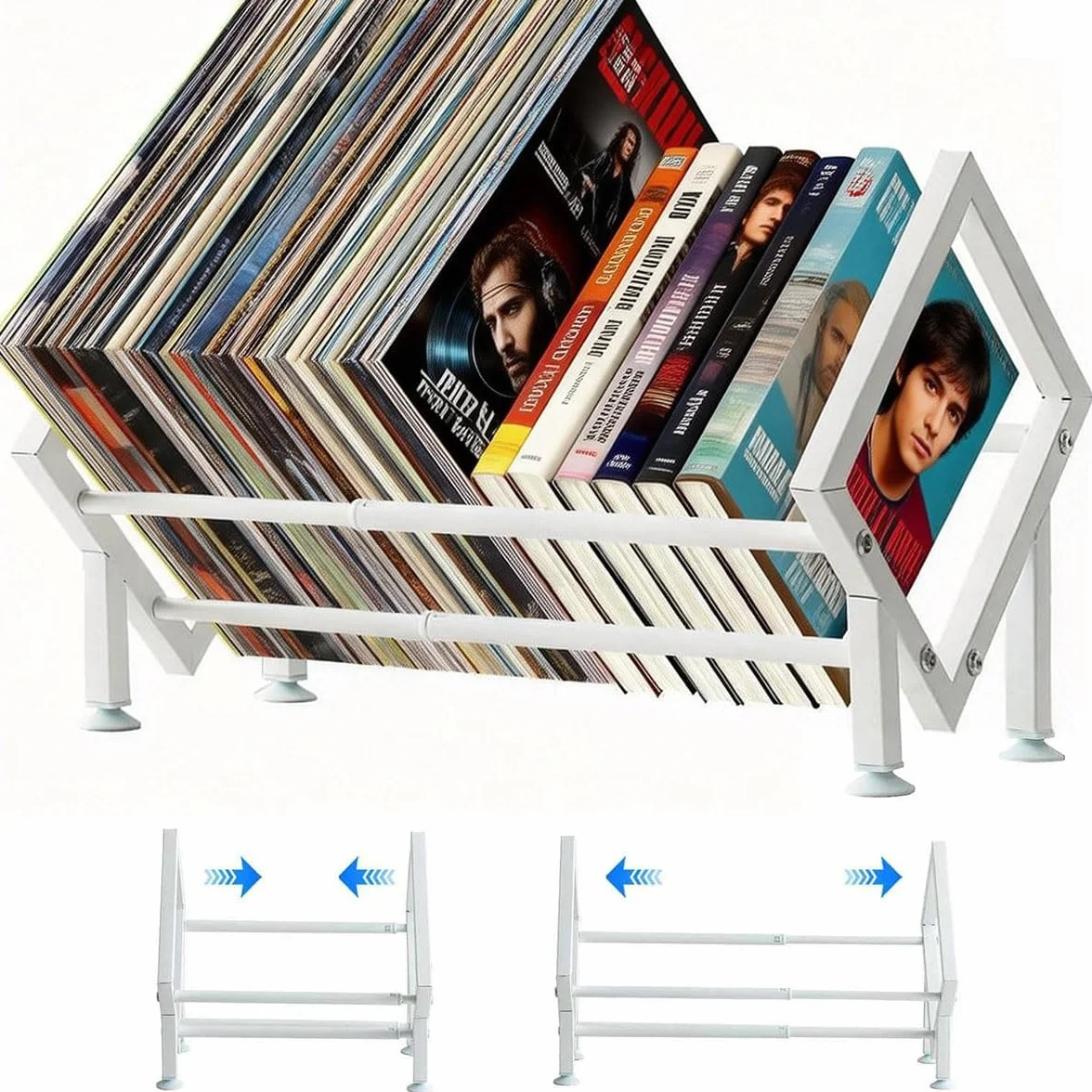 Soporte Vinilos Metal, Porta Discos Vinilo Extensible para 80-100 LPs, Organizador Vinyl Records Mesa, Estante Vinilos para CD, álbumes, Revistas, Libros (Blanco)