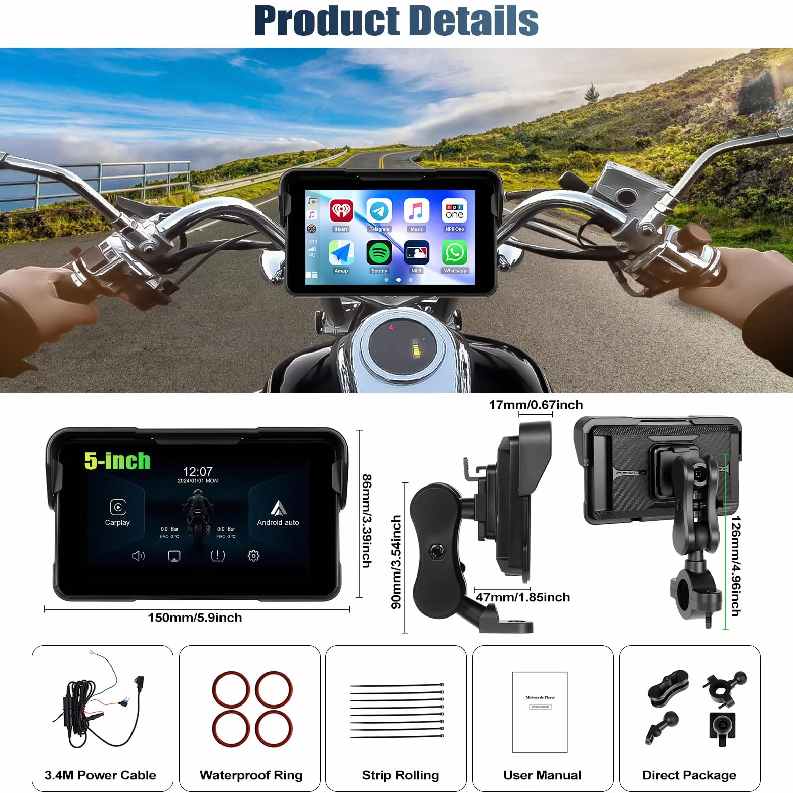 CAMECHO Nuevo 2026 Moto Carplay y Android Auto Wireless para Motocicletas, Pantalla táctil HD Impermeable IP68 de 5 Pulgadas para Motocicletas con navegación/Bluetooth/EQ/detección de presión