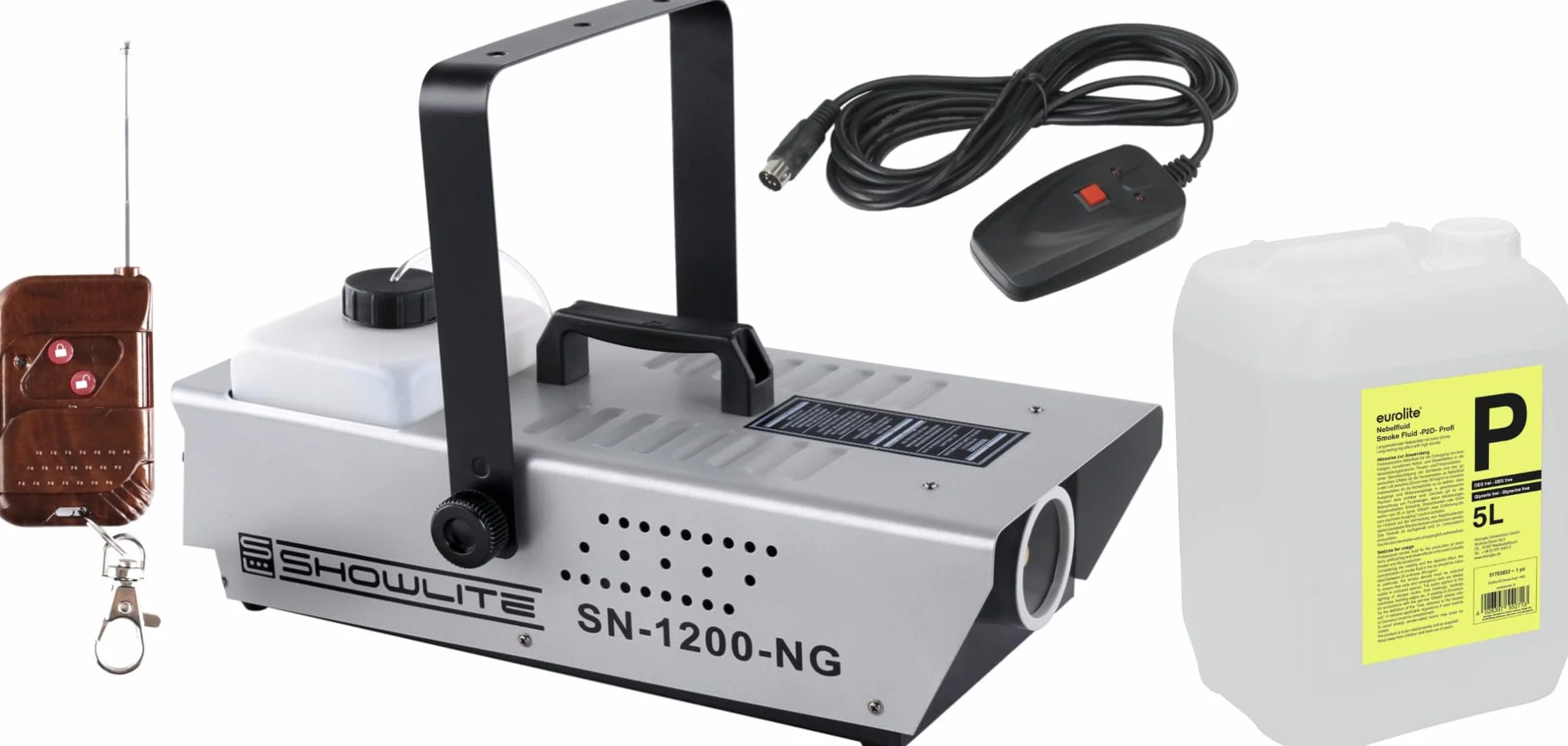 Showlite SN-1200 Set de Máquina de Humo (1200 vatios, 350m³ de salida de humo/min, 7 min de calentamiento, mando por cable y por radio, 5 L de líquido para humo)