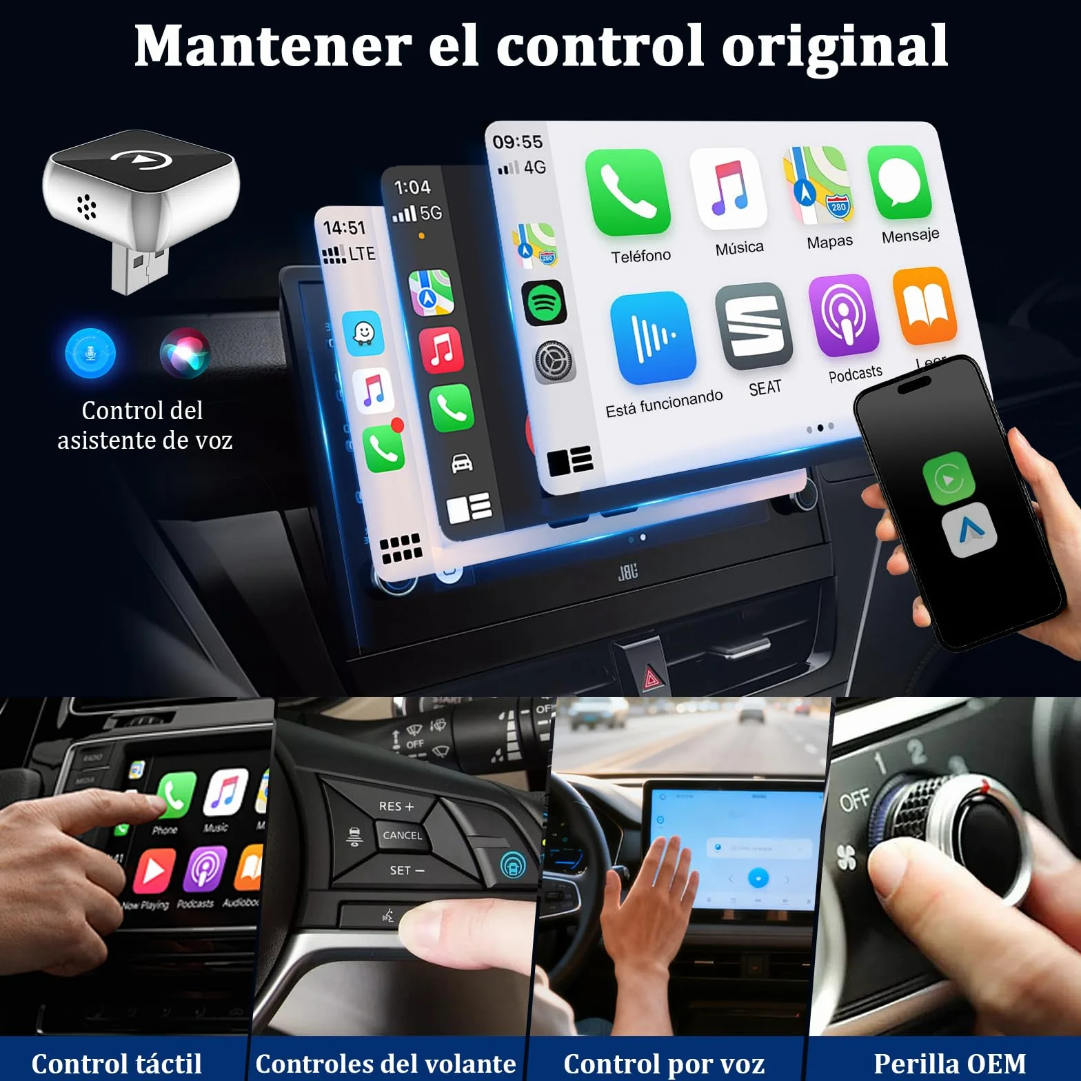 Adaptador Inalámbrico 2 en 1 CarPlay Android Auto USB A/Tipo-C Compatible iPhone 6+ iOS 10+ Android 11+ Plug & Play Acero