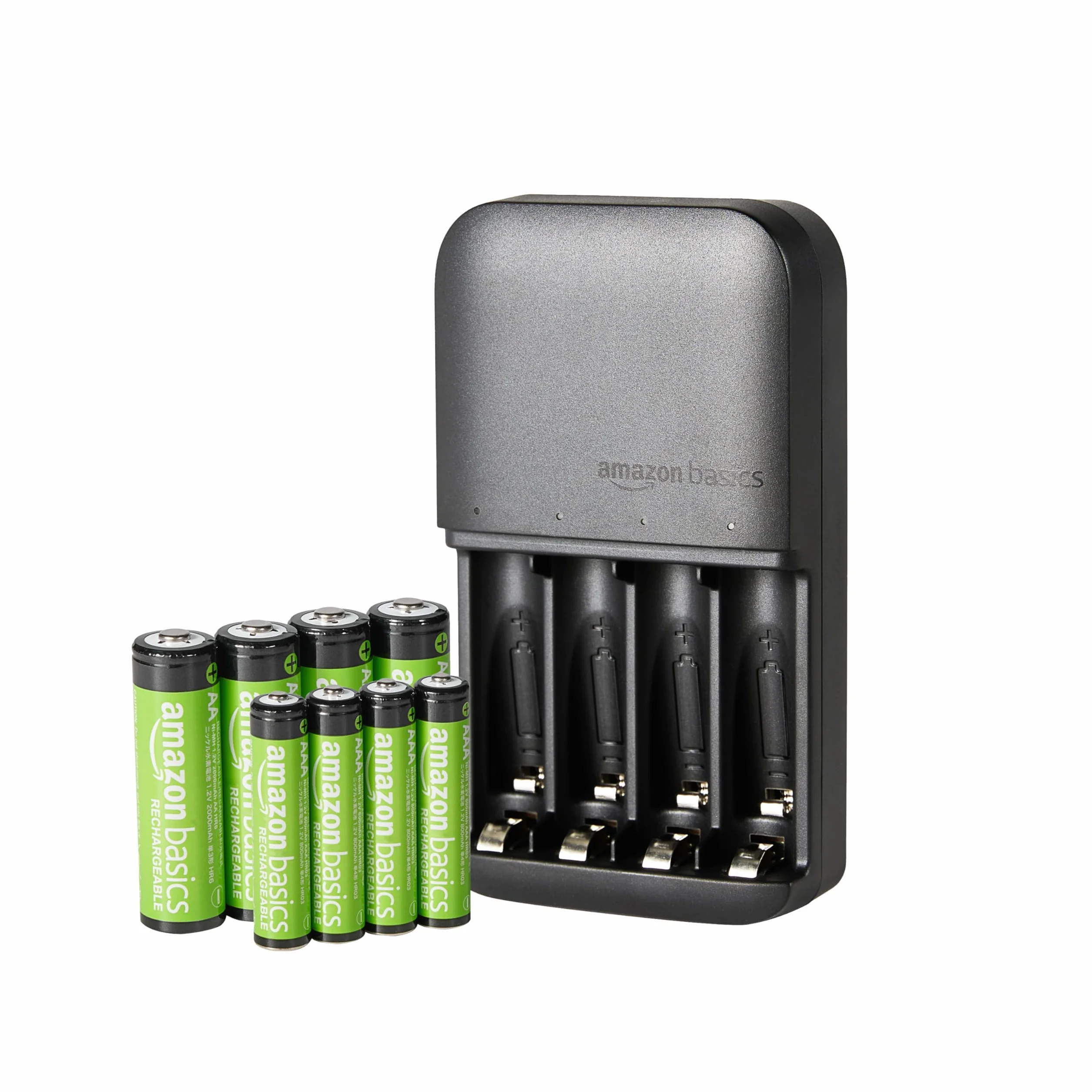 Amazon Basics Pilas Recargables NiMH 4 Ranuras Cargador 8 Paquete AAA AA 800mAh 2000mAh Negro