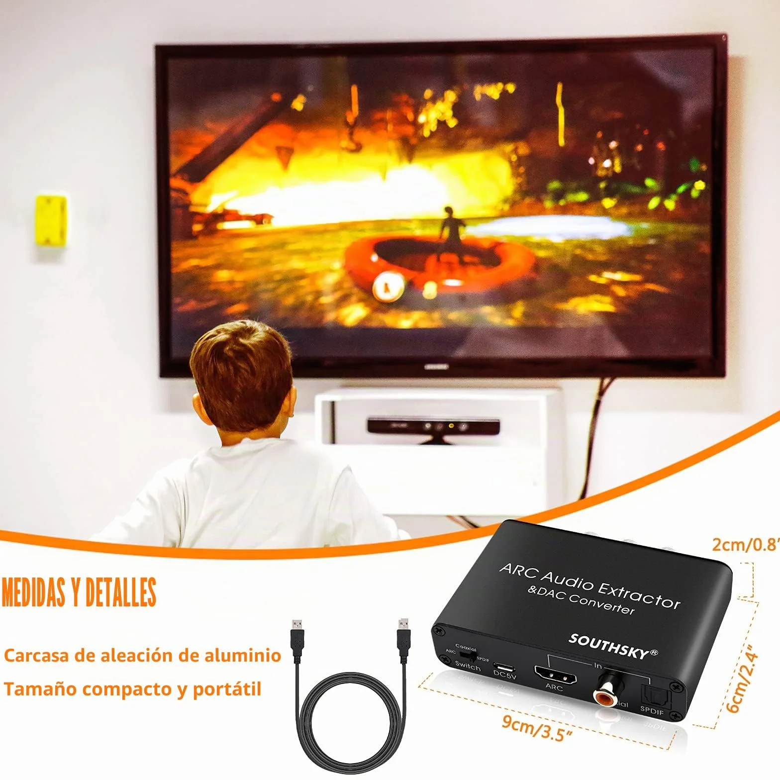 SOUTHSKY 192KHz DAC Converter, Adaptador Digital a Analógico RCA L/R, HDMI ARC a SPDIF Coaxial 3.5mm L/R, CEC Volumen Ajustable