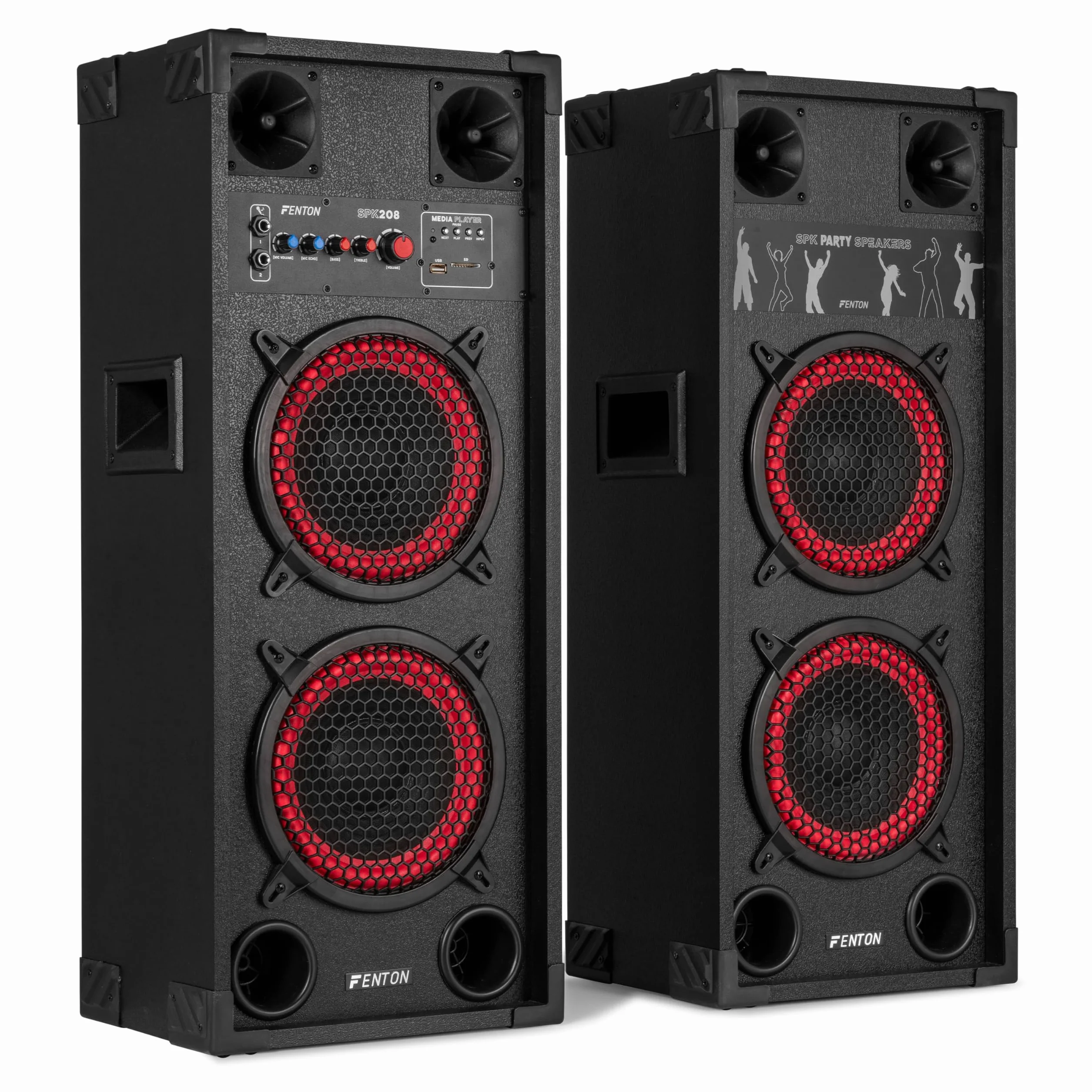 Fenton SPK208 – Altavoces Activos PA Doble woofer 8 Pulgadas con Amplificador Integrado, Bluetooth, MP3, USB, SD, Dos entradas de Micro Eco Ajustable, Ideal para Fiestas, Karaoke y Eventos.