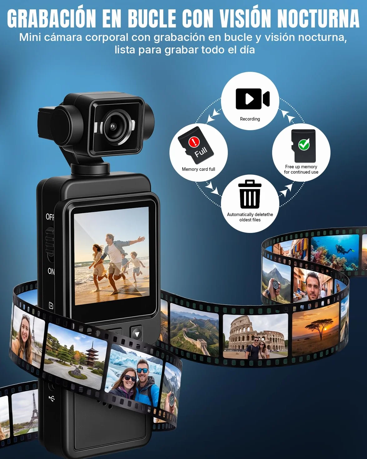 Cámara Deportiva 4K, Mini Body CAM con Camara Corporal Lente Giratoria de 270°， POV Videocámara por Vlog para Deportes, Viajes y Vlogging
