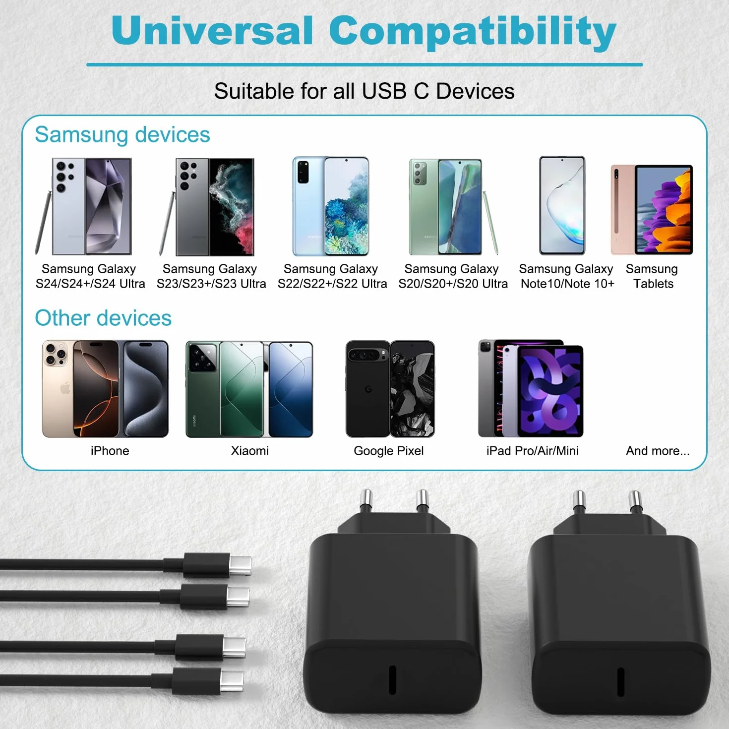 Samsung Cargador Rápido 45W USB C 2Pack con Cable 2M para Galaxy S26 S25 S24 S23 S22 S21 S20 Note20 A73 A53 S10