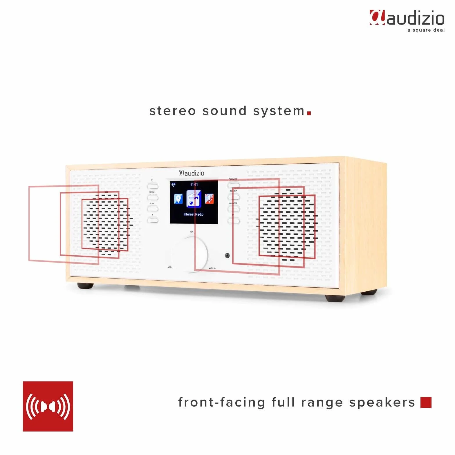 Audizio Rimini - Radio por Internet WiFi con Bluetooth y Spotify Connect, Sonido estéreo de 50W, Salida de Auriculares, Entrada AUX, Ideal para Cocina, salón o Oficina, Acabado Madera Clara y Blanco