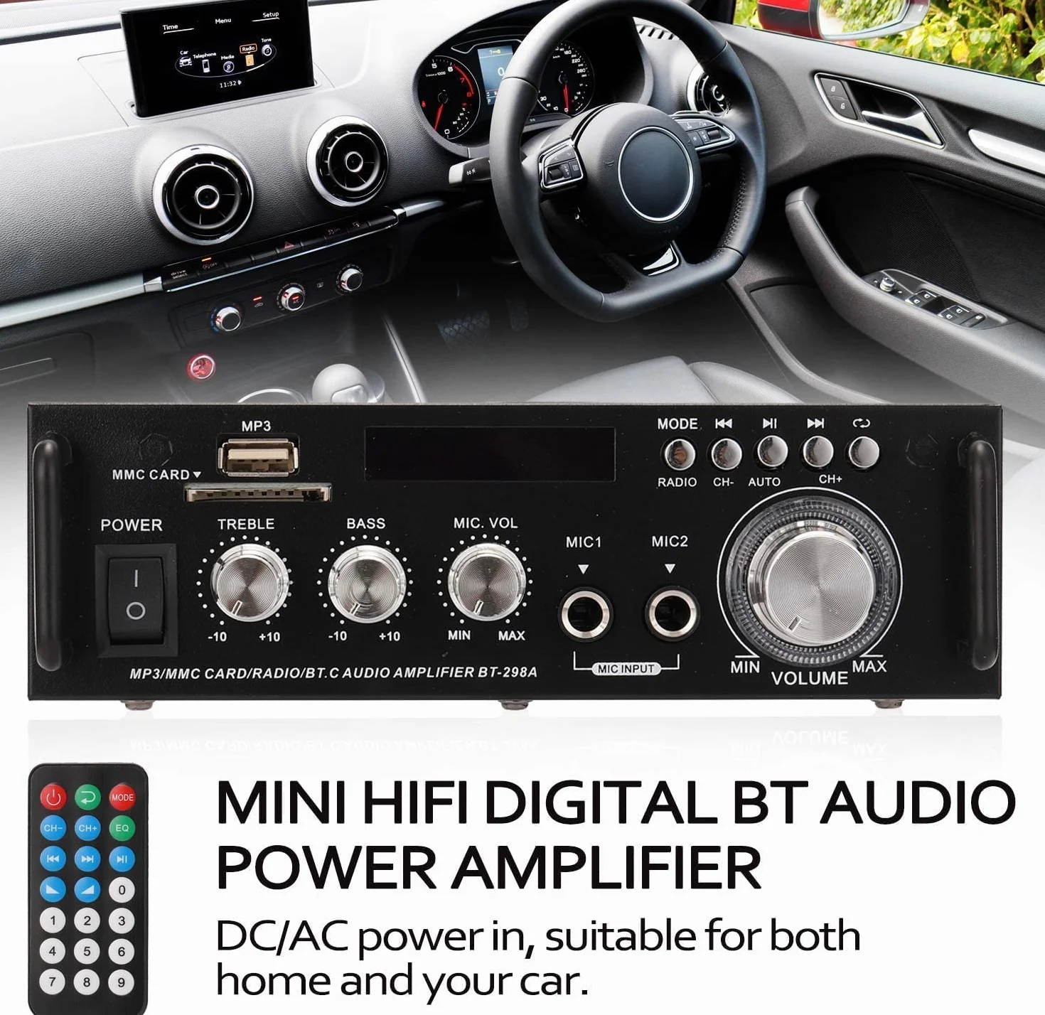 Amplificador Audio HiFi 600W con Bluetooth 5.0, 12V 220V 2 Canales, Pantalla LCD, Alta Fidelidad, Radio FM Portátil, SD Card/USB Input, para Hogar o Coche