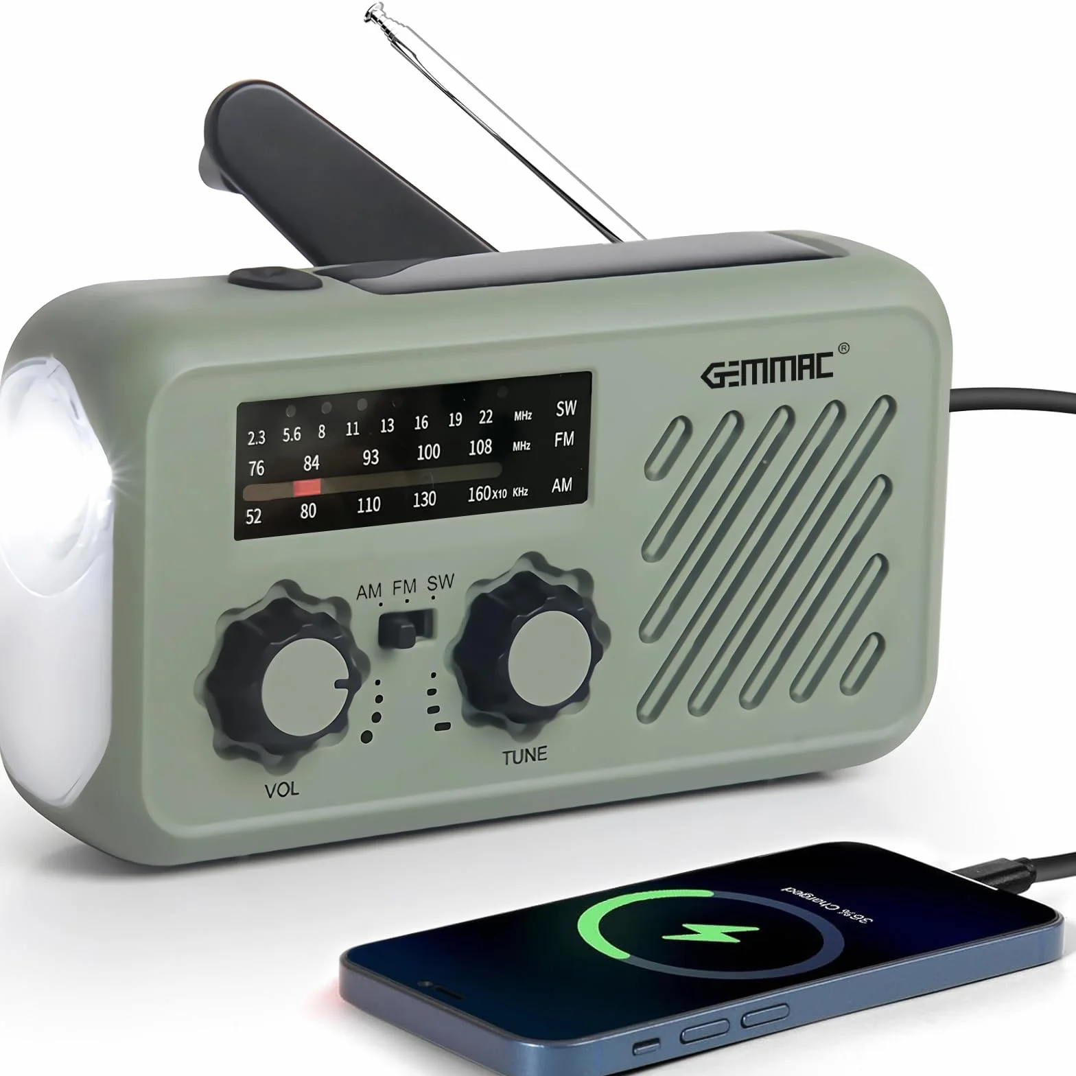 Emergency Radio Portátil Solar Recargable FM/AM Dinamo Manivela Linterna LED 2000mAh Powerbank SOS USB