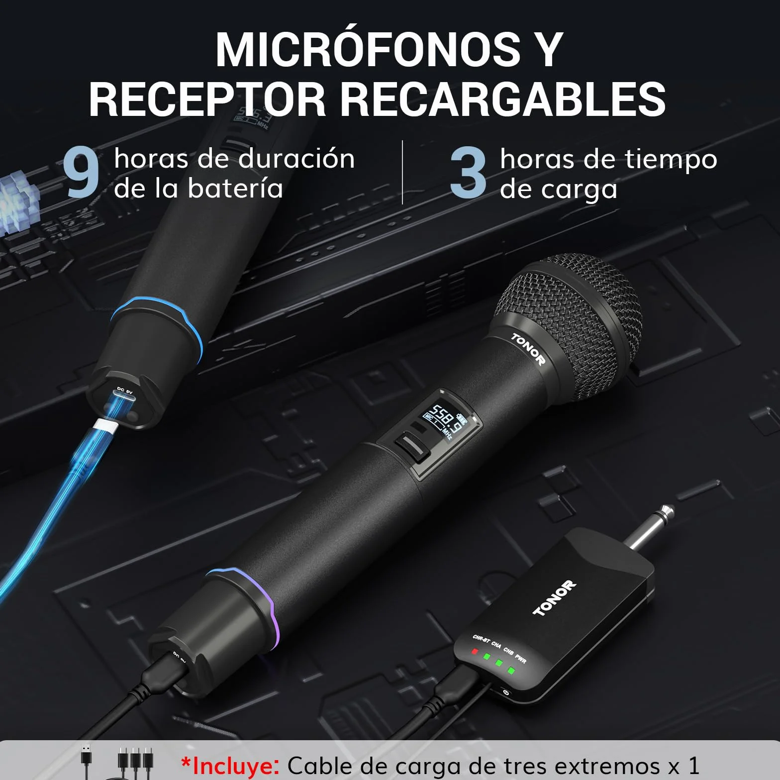 TONOR Micrófono Inalámbricos, Micrófono Metálico Dinámico de Mano Recargable, Receptor de Entrada Bluetooth Auto-Pair, 2x25 Frecuencias UHF,Clic para Silenciar, para Canto/DJ/Boda/Iglesia,100 M, TW720