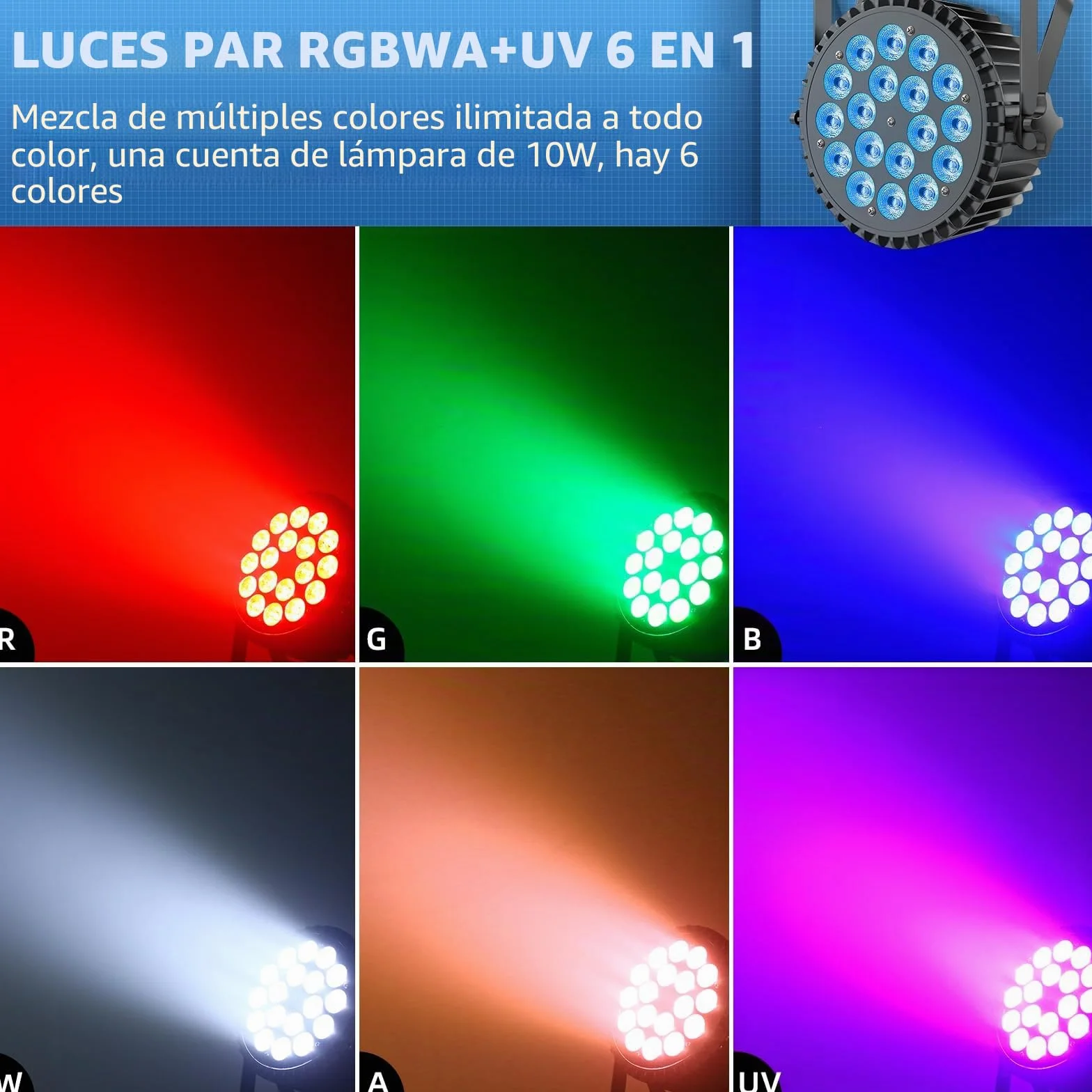 RGBWA UV Focos Par LED 200W, 18 LED Luces Escenario 7/10CH con Estroboscópica y Activación Sonido, Luces Discoteca para Espectáculos Bares Fiestas Bodas Halloween