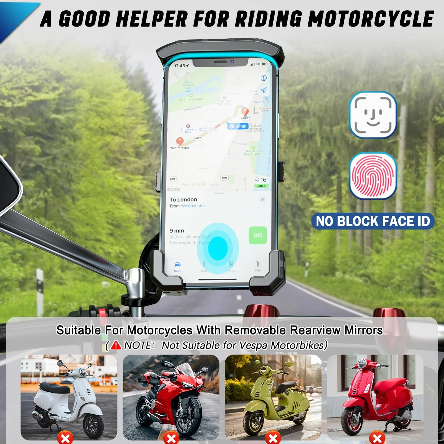 WACCET Soporte Movil Moto 360° Rotación Soporte Telefono Motocicleta Durable Anti Vibración Porta Movil Scooter Retrovisor Resistente al Óxido Portamoviles Moto para Móvil 4-7 Pulgada (Negro)
