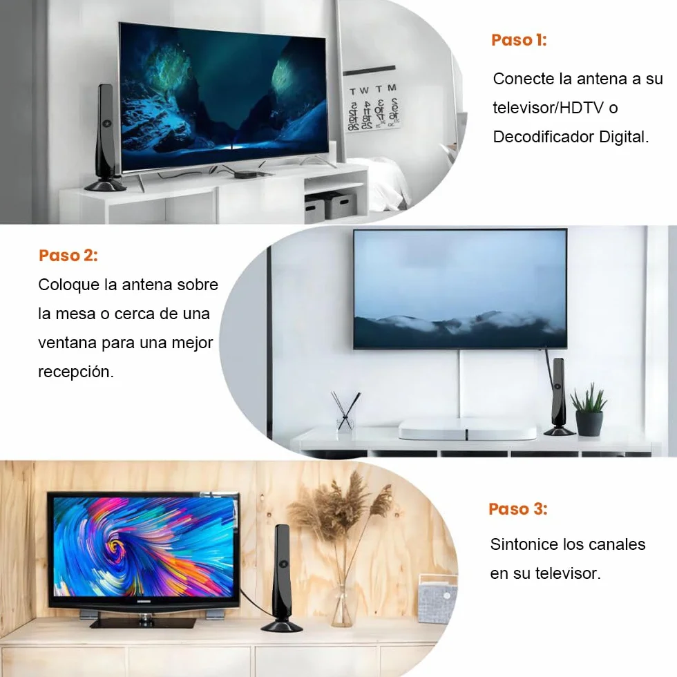 Antena de TV Digital HD para Interior, con Amplificador de Señal, Alcance de 80 km (50 Millas), Compatible con TDT 4K/1080P HDTV, Cable Coaxial de 3 m y Diseño Multidireccional