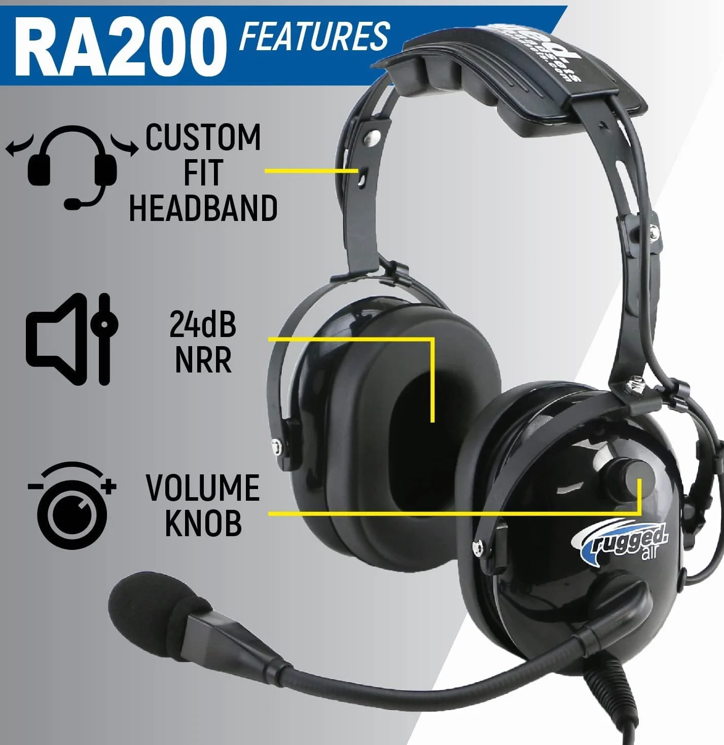 Rugged Air WINCASE RA200 Black General Aviation Pilot Headset