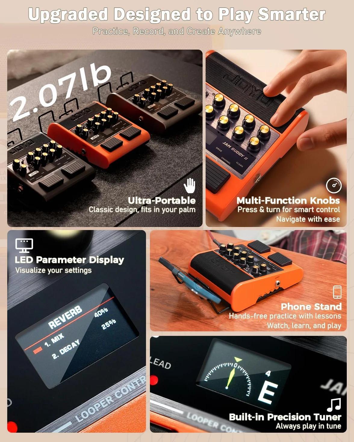JOYO Amplificador Combo de Guitarra, 10 W, portátil, con pedal de efectos múltiple – 14 modelos de amplificación, ecualizador de 3 bandas, 36 ritmos y looper, grabación OTG, Bluetooth (Jam Buddy II