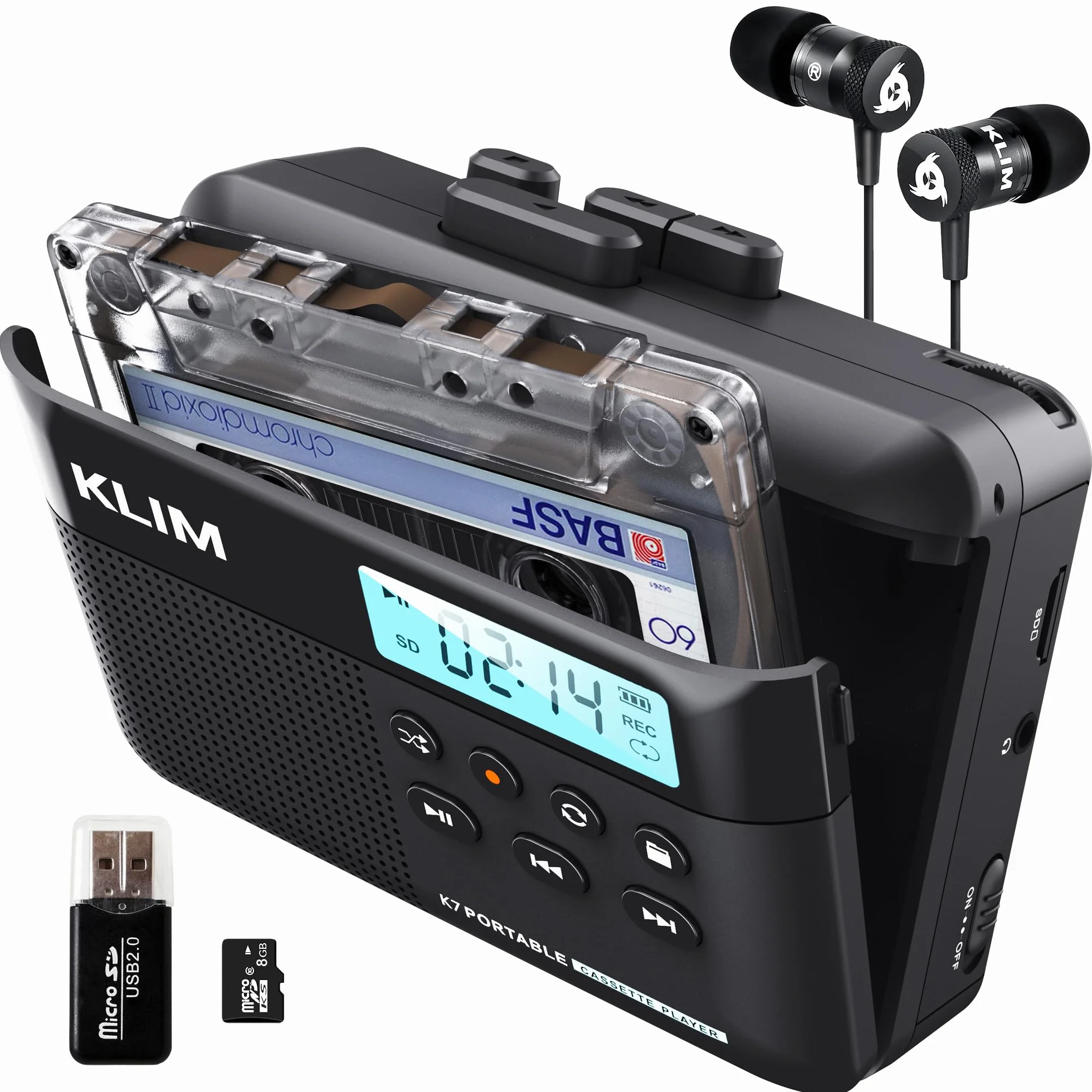 KLIM K7 Reproductor Cassette Portátil a MP3 con Micrófono y Altavoz Integrados, Batería Recargable, Auriculares, Tarjeta SD 8 GB Negro
