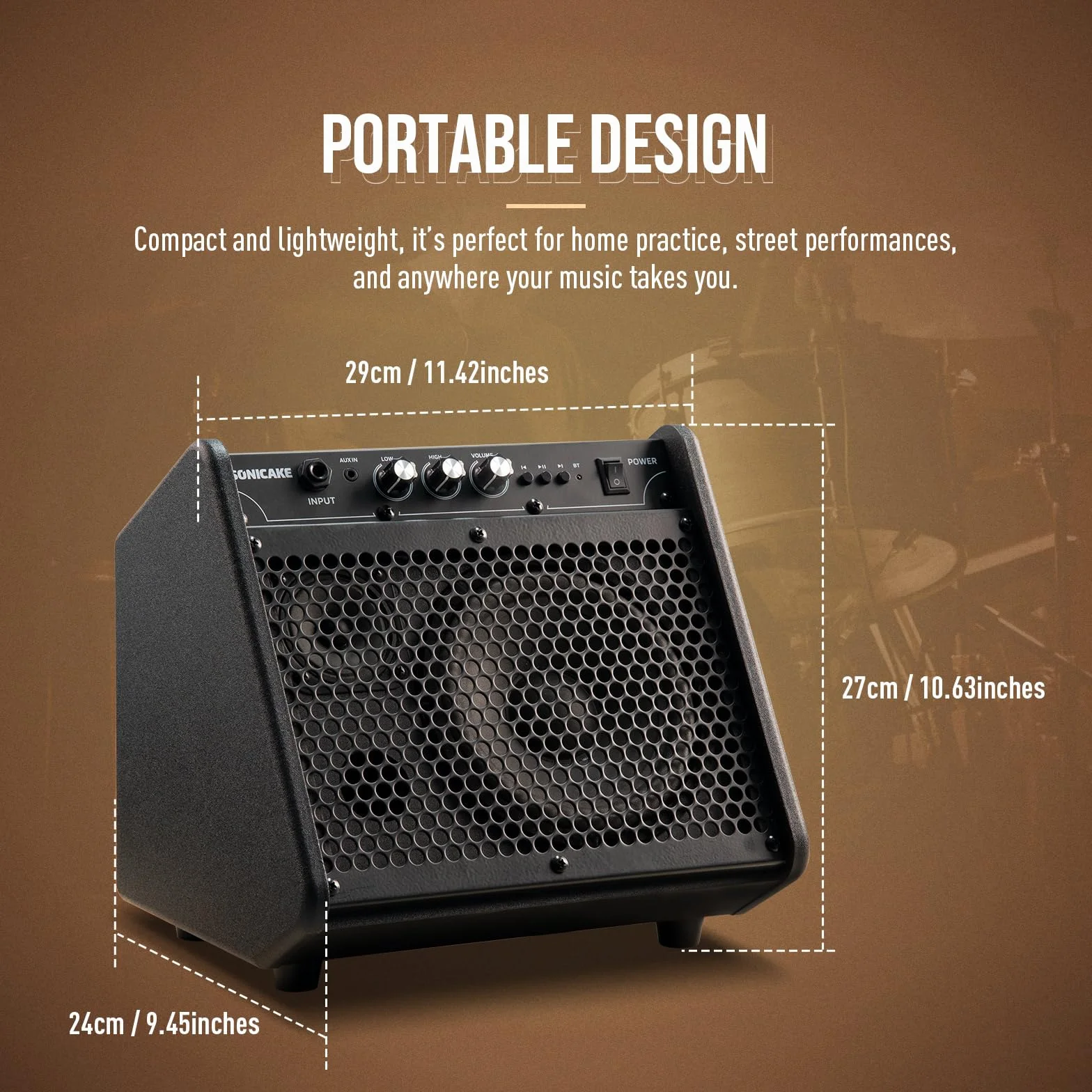 SONICAKE Amplificador para Batería Electrónica 20W Altavoz Bluetooth Portátil con Doble Altavoz