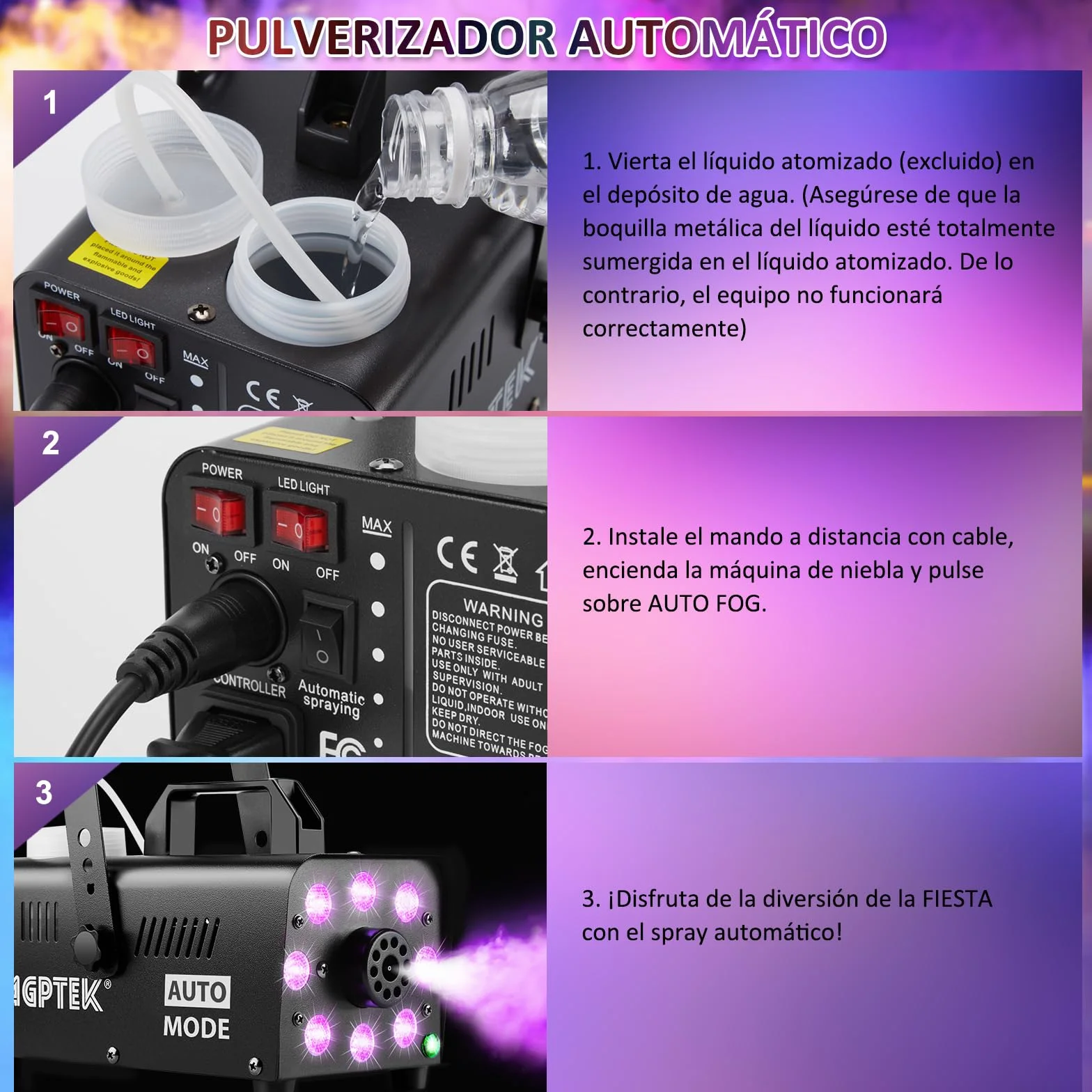 AGPtEK Máquina de Humo con 8 LED y 13 Colores de luces LED, Efectos RGB, Funcionamiento Separado con 2 controles remotos con cable e inalámbricos, para Fiestas Navidad, Bodas,Escenarios,Discoteca,DJ