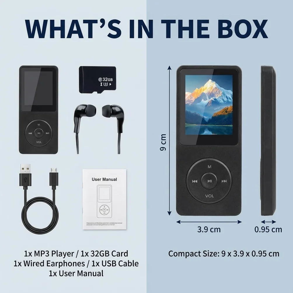 Reproductor MP3 Bluetooth 5.3 32GB con Altavoz, MP3 Player para Niños Deportes, Hi-Fi, Batería 70h, Pantalla 1,8"