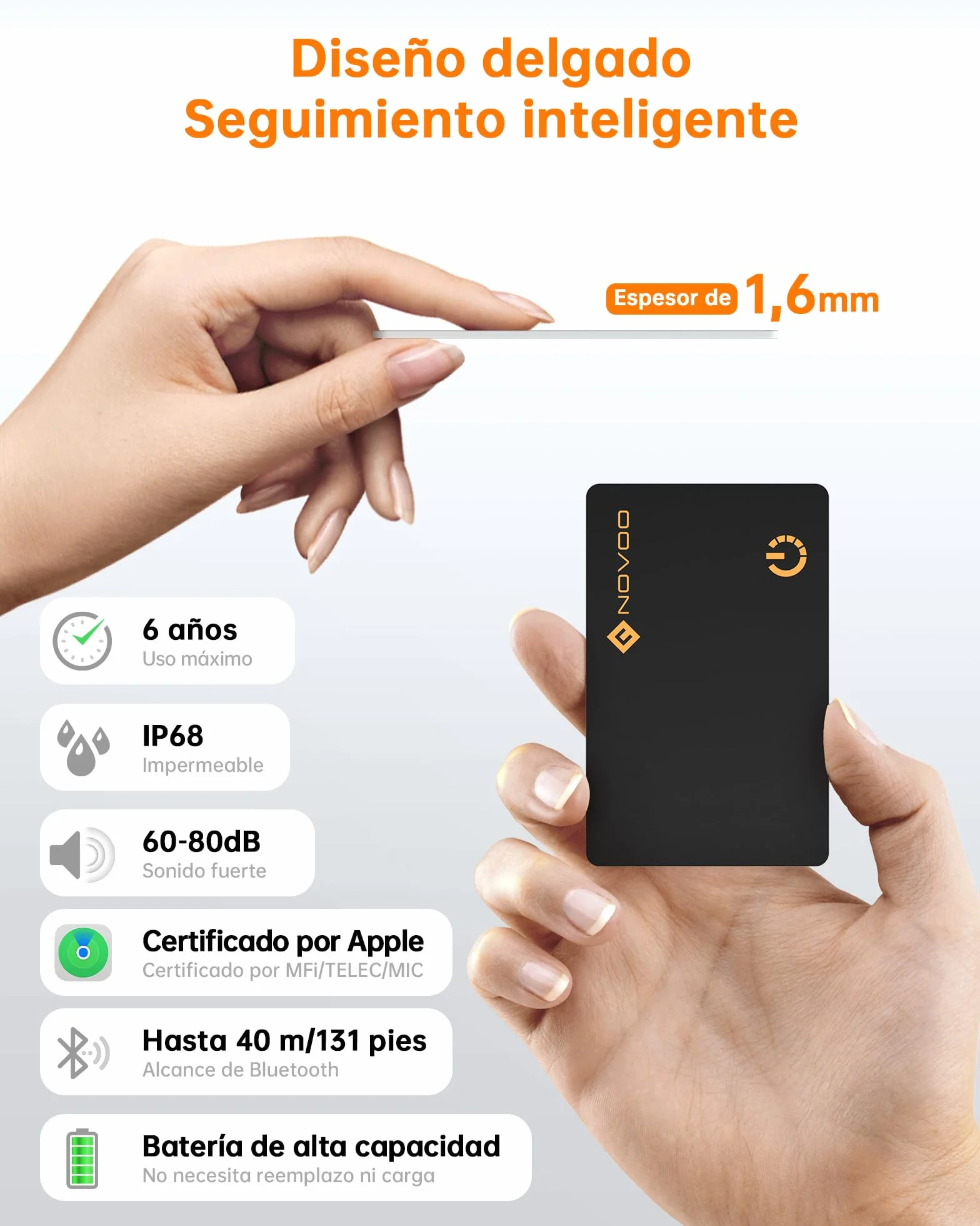 NOVOO Air Tag Card Wallet Tracker, 1.6 mm Tarjeta Inteligente Delgada, 6 Años Batería, IP68, Compatible con Apple Dónde Está(Solo iOS), Localizador Bluetooth para Carteras/Maletas/Pasaportes, Negro