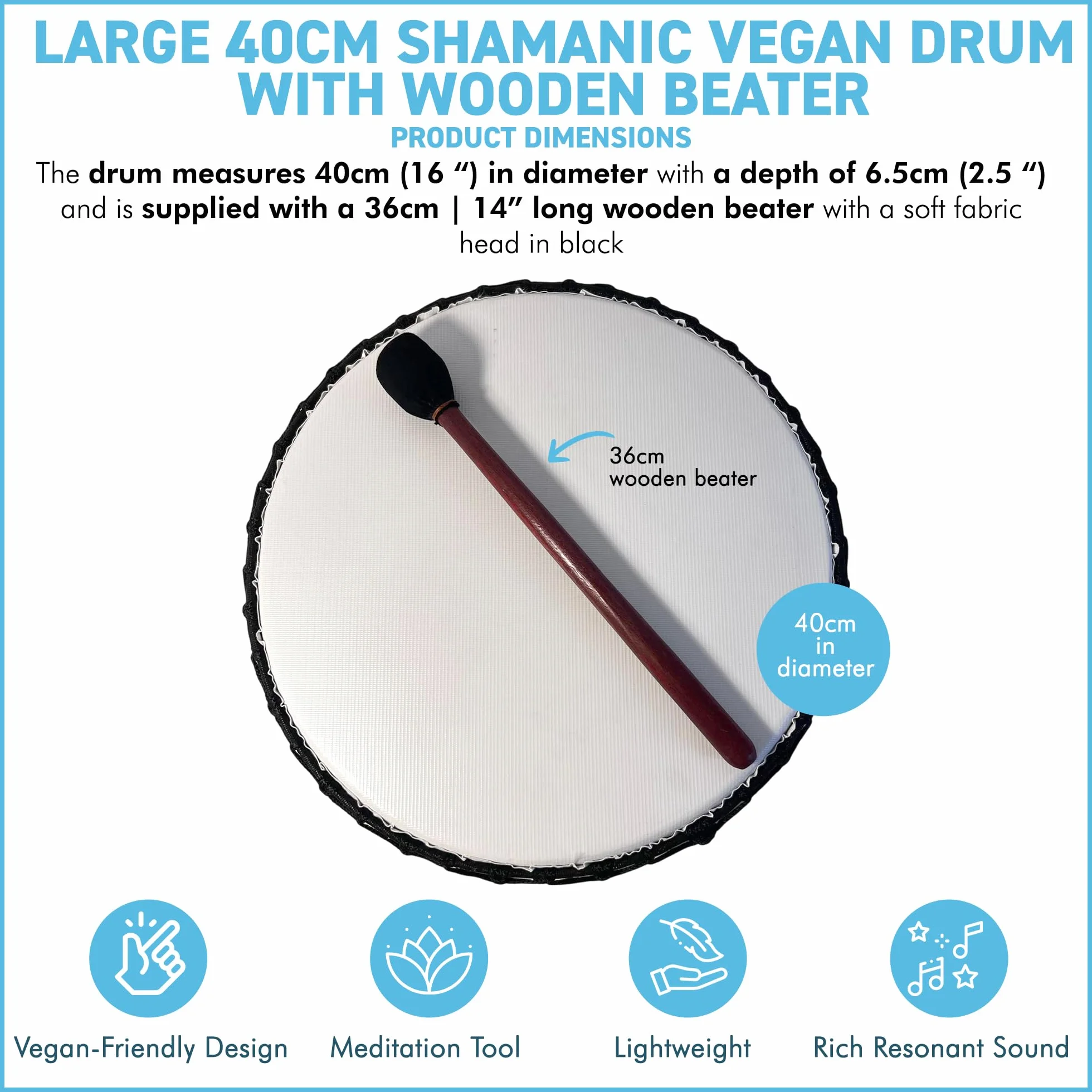 Tambor vegano chamánico grande de 40 cm con batidor de madera, instrumento de percusión con tono resonante profundo