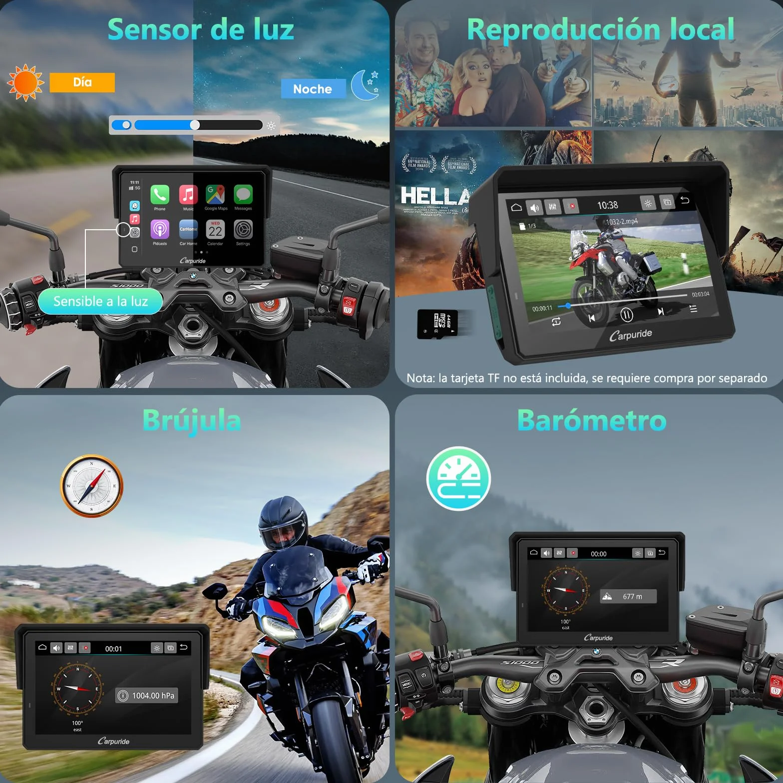 CARPURIDE W502BS Pro CarPlay Android Auto para Motocicletas, Pantalla GPS 5 Pulgadas Impermeable Bluetooth Dual