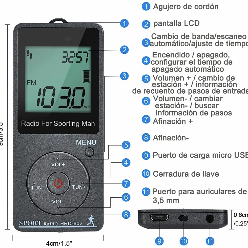Radio Portátil AM FM de Bolsillo con Pantalla Digital LCD, Recargable USB, Preajuste, Temporizador, Reloj Despertador