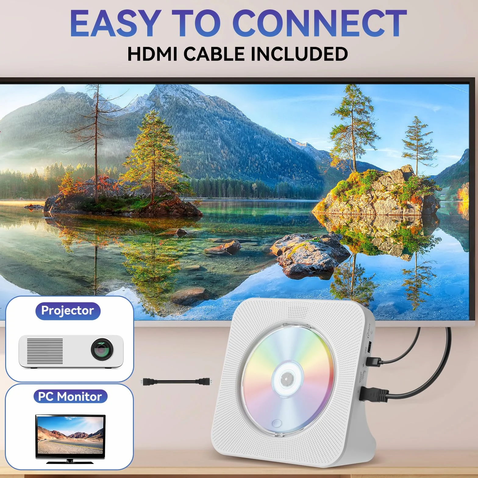 Qoosea Reproductor de DVD para TV con Bluetooth Reproductor de DVD y CD de Escritorio con Altavoces Pantalla Reloj Despertador Radio FM Reproducción de Tarjeta USB, Control Remoto e Cable HDMI(Blanco)